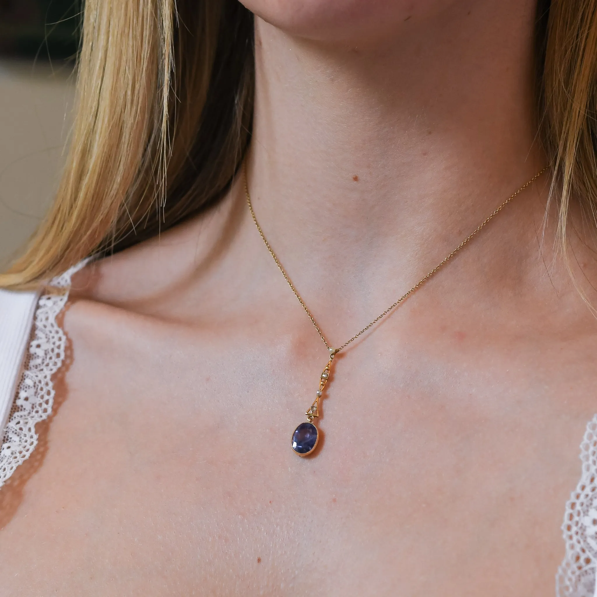 Edwardian Sapphire, Diamond & Pearl Drop Necklace
