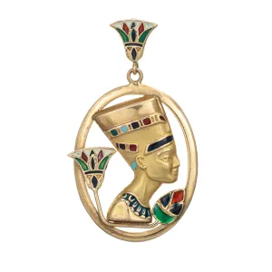Egyptian Nefertiti Necklace Vintage 18k Yellow Gold Enamel Lotus Flower Jewelry