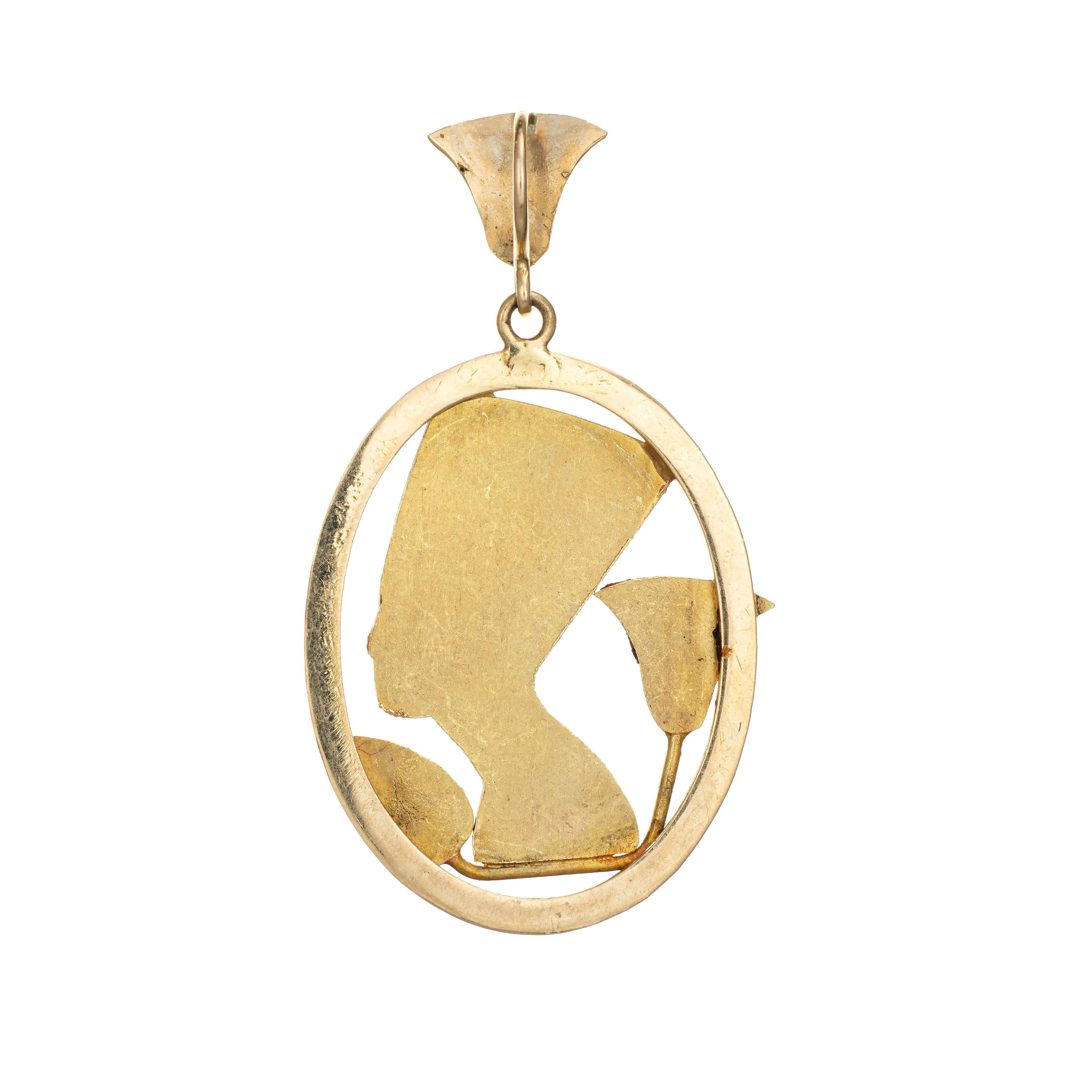 Egyptian Nefertiti Necklace Vintage 18k Yellow Gold Enamel Lotus Flower Jewelry