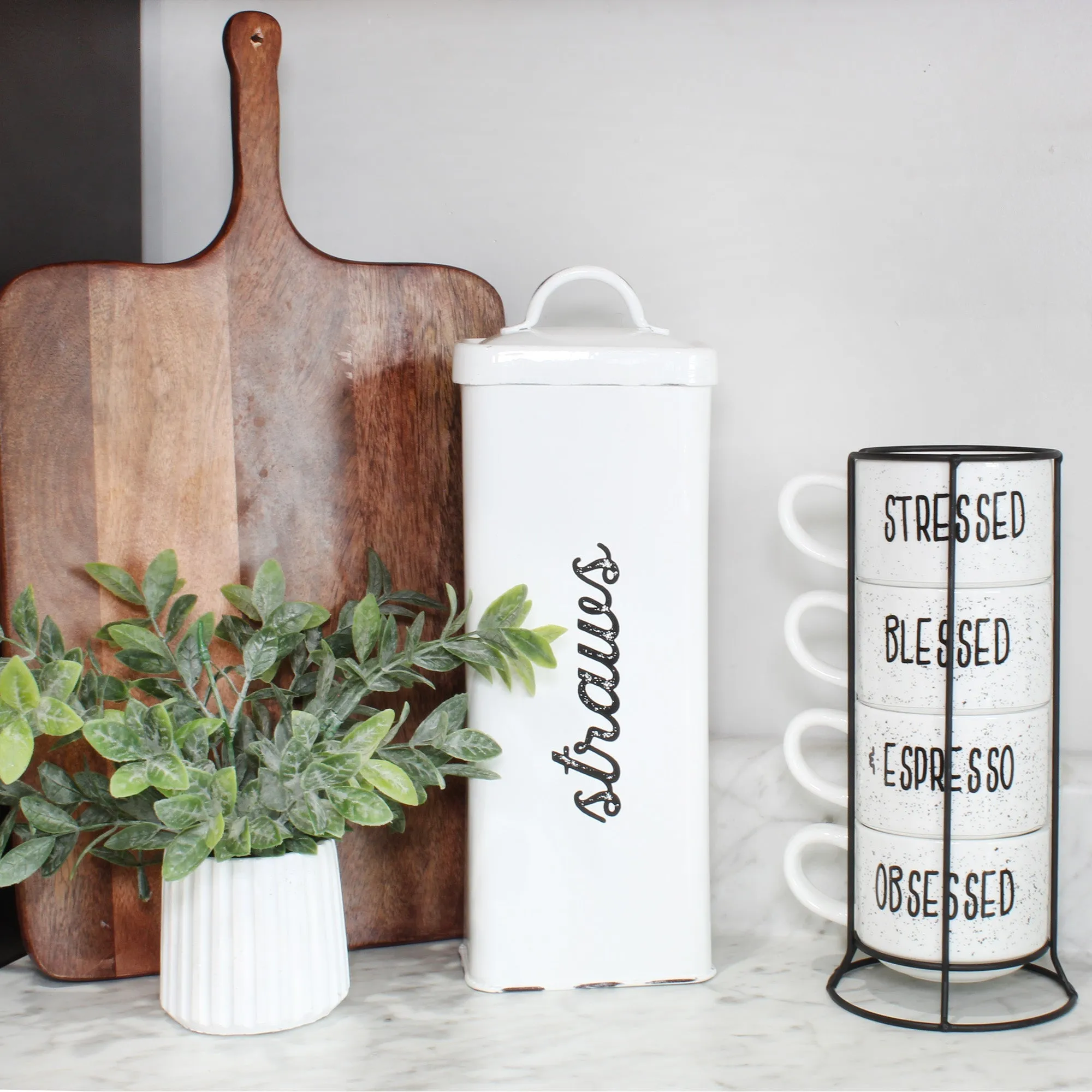 Farmhouse Enamelware Straw Holder (White, Case of 18)