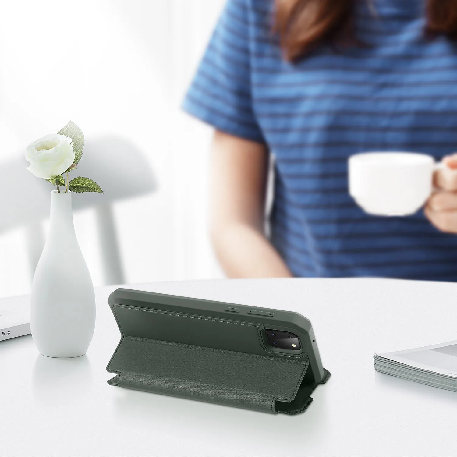 For Samsung NOTE 10 Lite Magnetic Protective Case Bracket with Card Slot Leather Mobile Phone Cover dark green