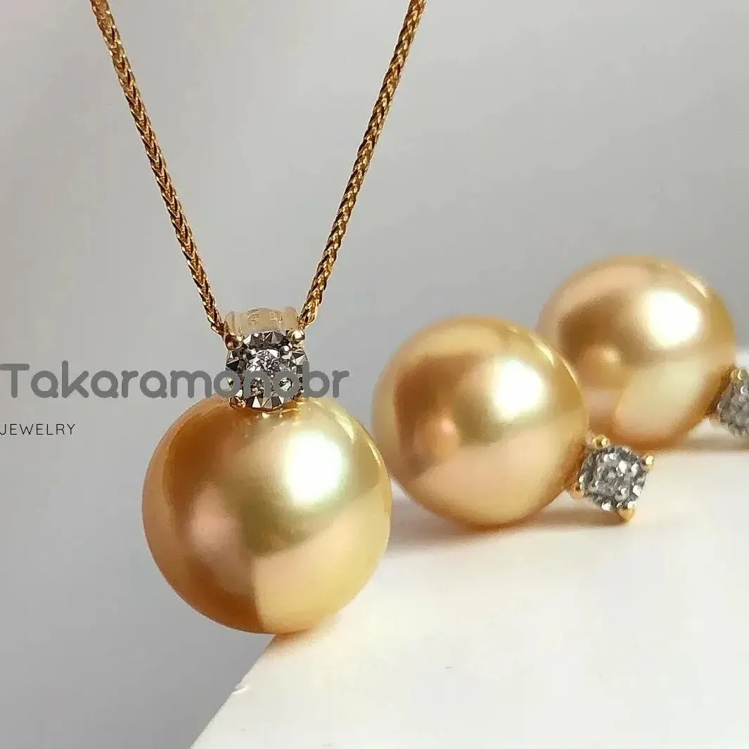 Forever Elegant 10.0-11.0 mm Golden South Sea Pearl & Diamond Earrings/Pendant in Gold