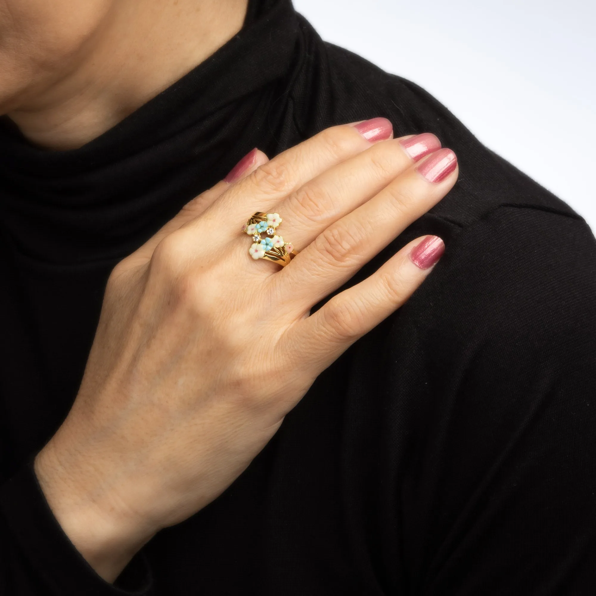 French Enamel Flower Ring Diamond Vintage 18k Yellow Gold Band Sz 7 Jewelry