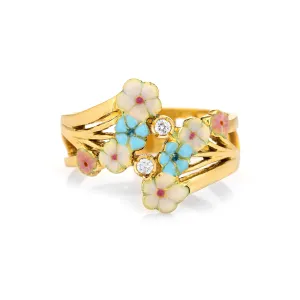 French Enamel Flower Ring Diamond Vintage 18k Yellow Gold Band Sz 7 Jewelry