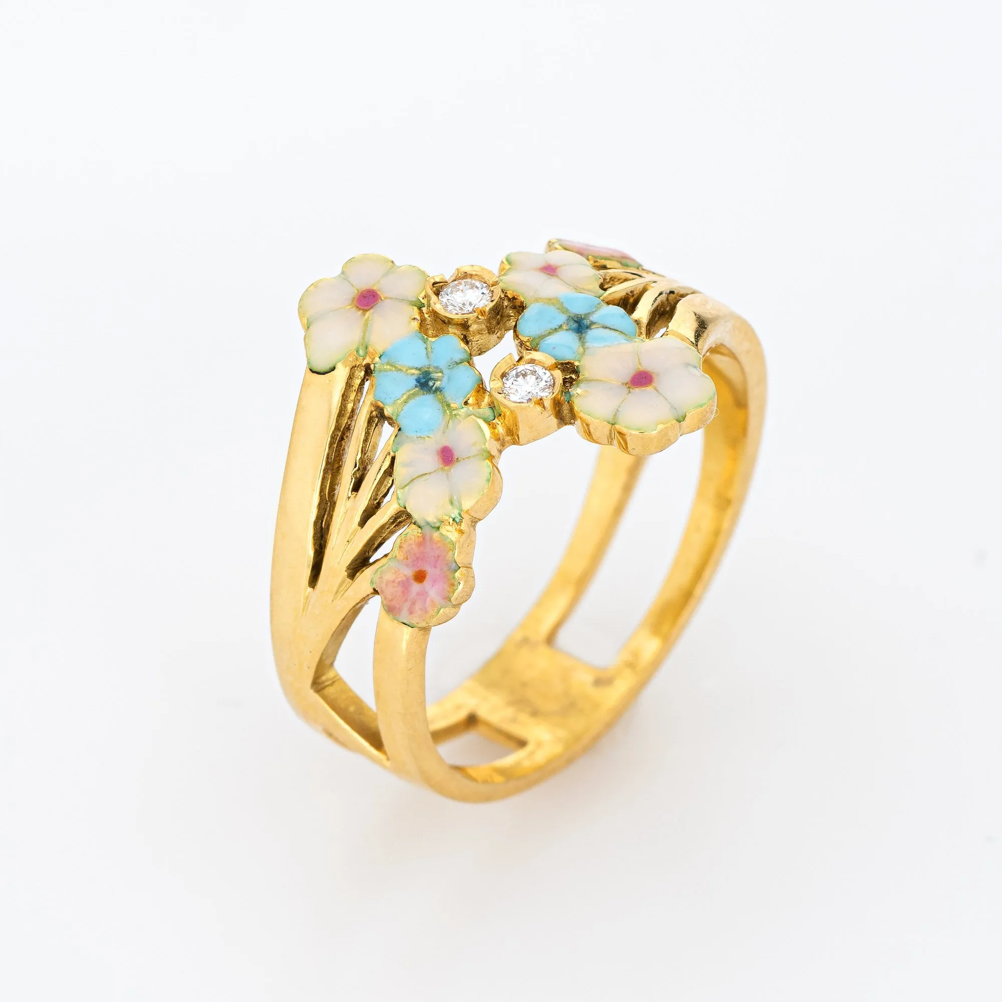 French Enamel Flower Ring Diamond Vintage 18k Yellow Gold Band Sz 7 Jewelry