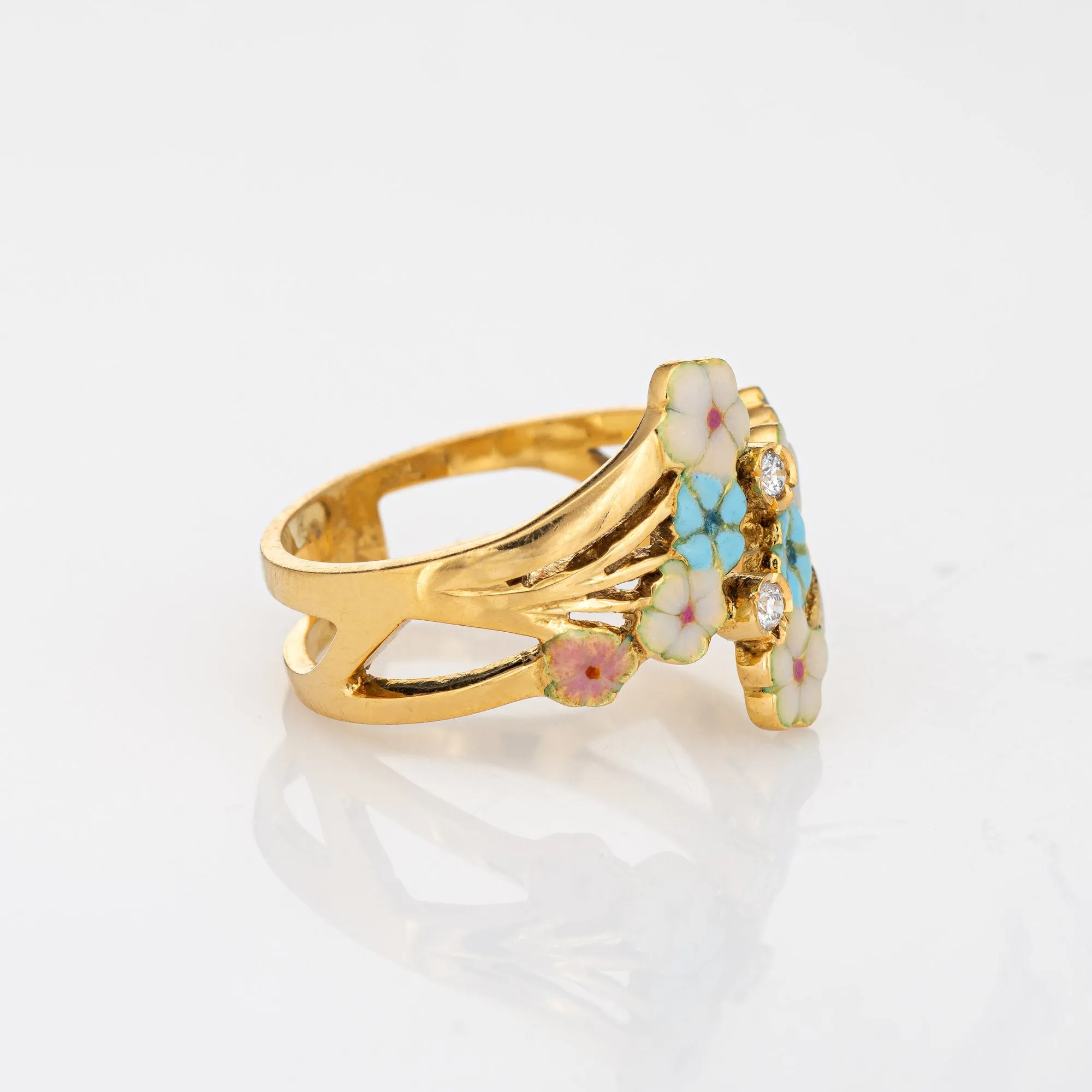French Enamel Flower Ring Diamond Vintage 18k Yellow Gold Band Sz 7 Jewelry