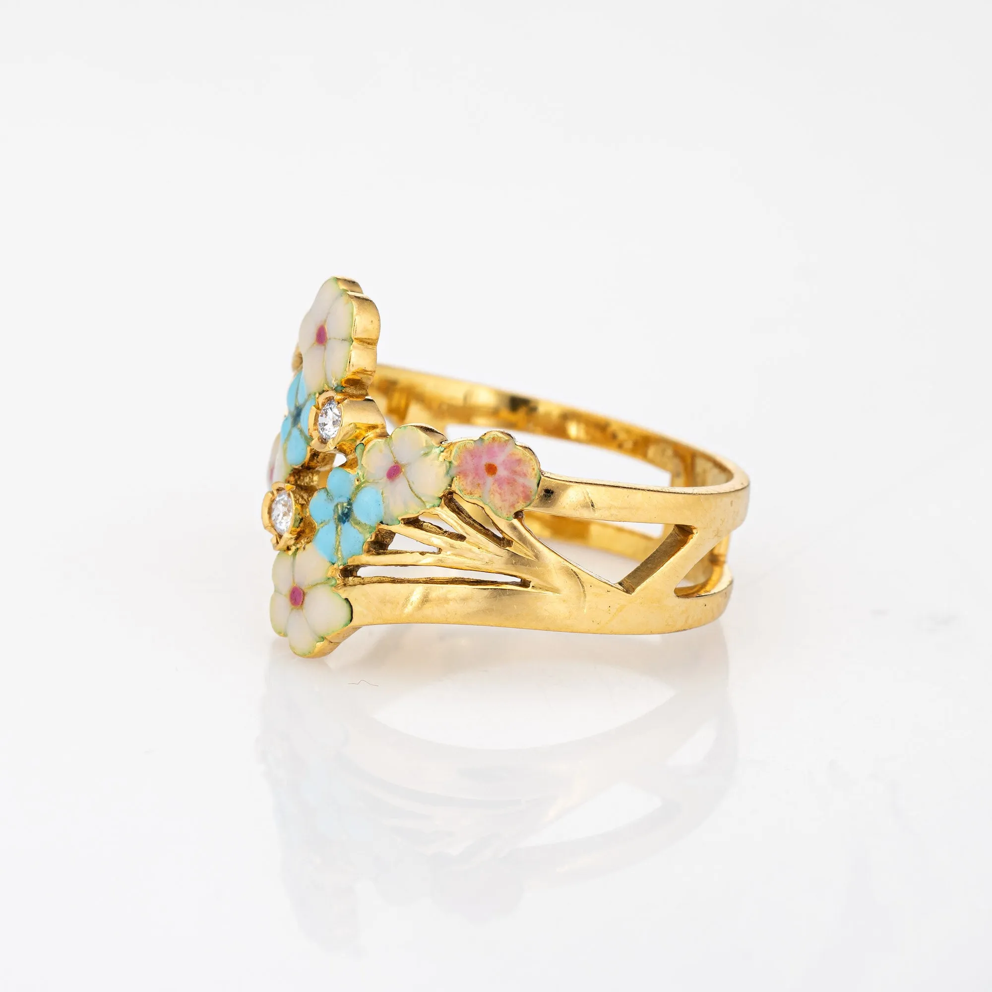 French Enamel Flower Ring Diamond Vintage 18k Yellow Gold Band Sz 7 Jewelry