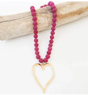 Gemstone Beaded Necklace w/ / XL Heart - Matte Cranberry