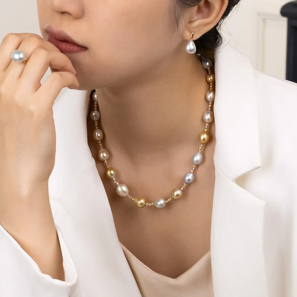 Golden & White South Sea Pearl 18K Gold Elegant Two-tone Mixed Necklace