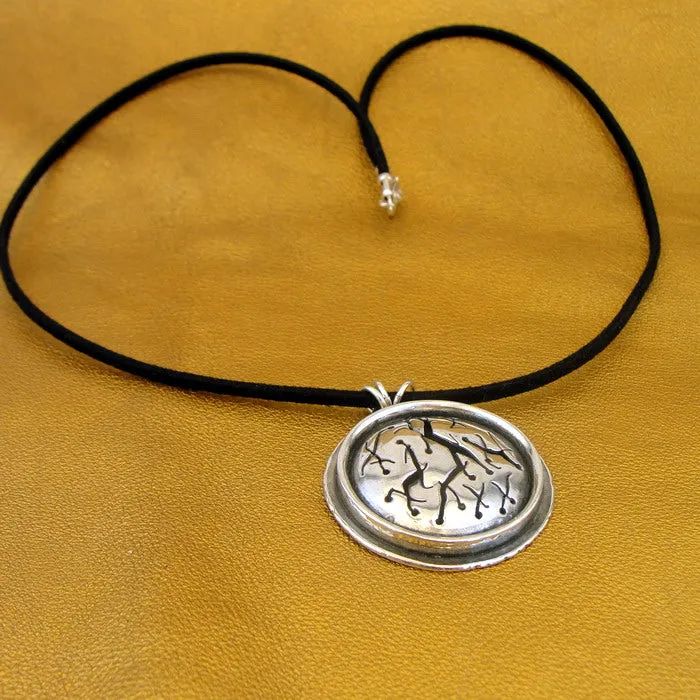 Hadar Designers Black Leather 925 Sterling Silver Pendant Handmade "WILD" Art (H