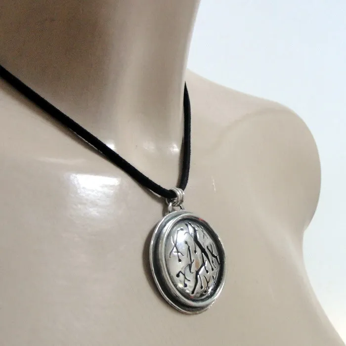 Hadar Designers Black Leather 925 Sterling Silver Pendant Handmade "WILD" Art (H