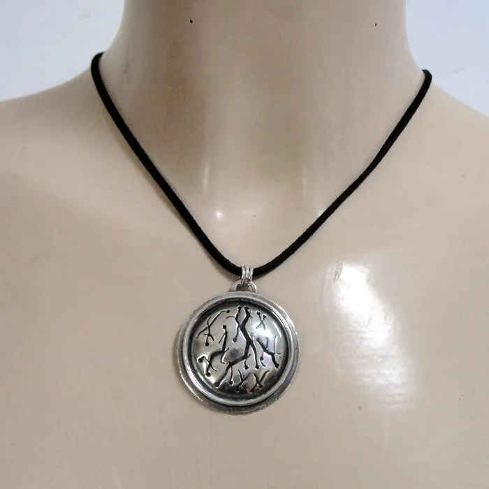 Hadar Designers Black Leather 925 Sterling Silver Pendant Handmade "WILD" Art (H