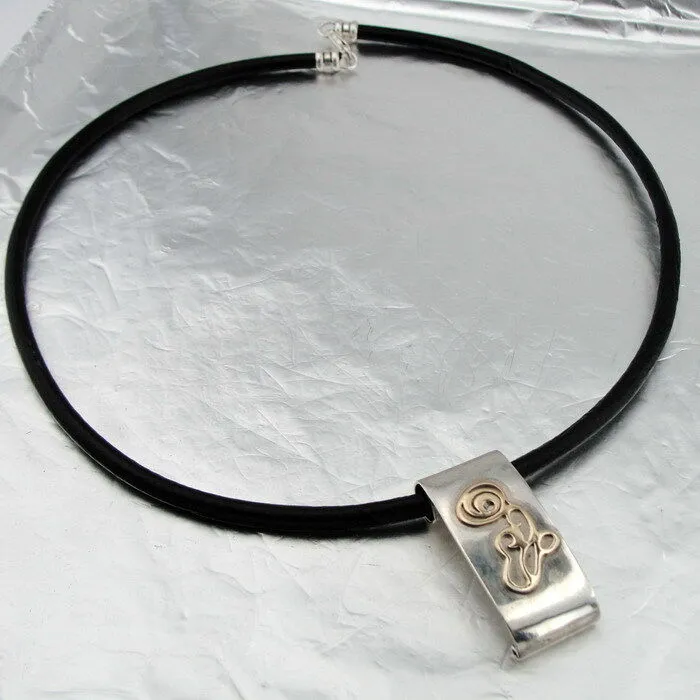 Hadar Designers black leather 9k yellow gold sterling silver pendant handmade(h