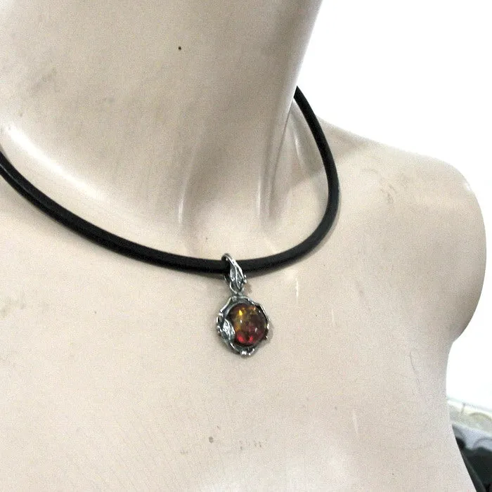 Hadar Designers Black Leather Baltic Amber 925 Silver Pendant Handmade (H)LAST
