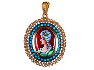 Hand Painted Enamel Yellow Gold Antique Pendant 18K