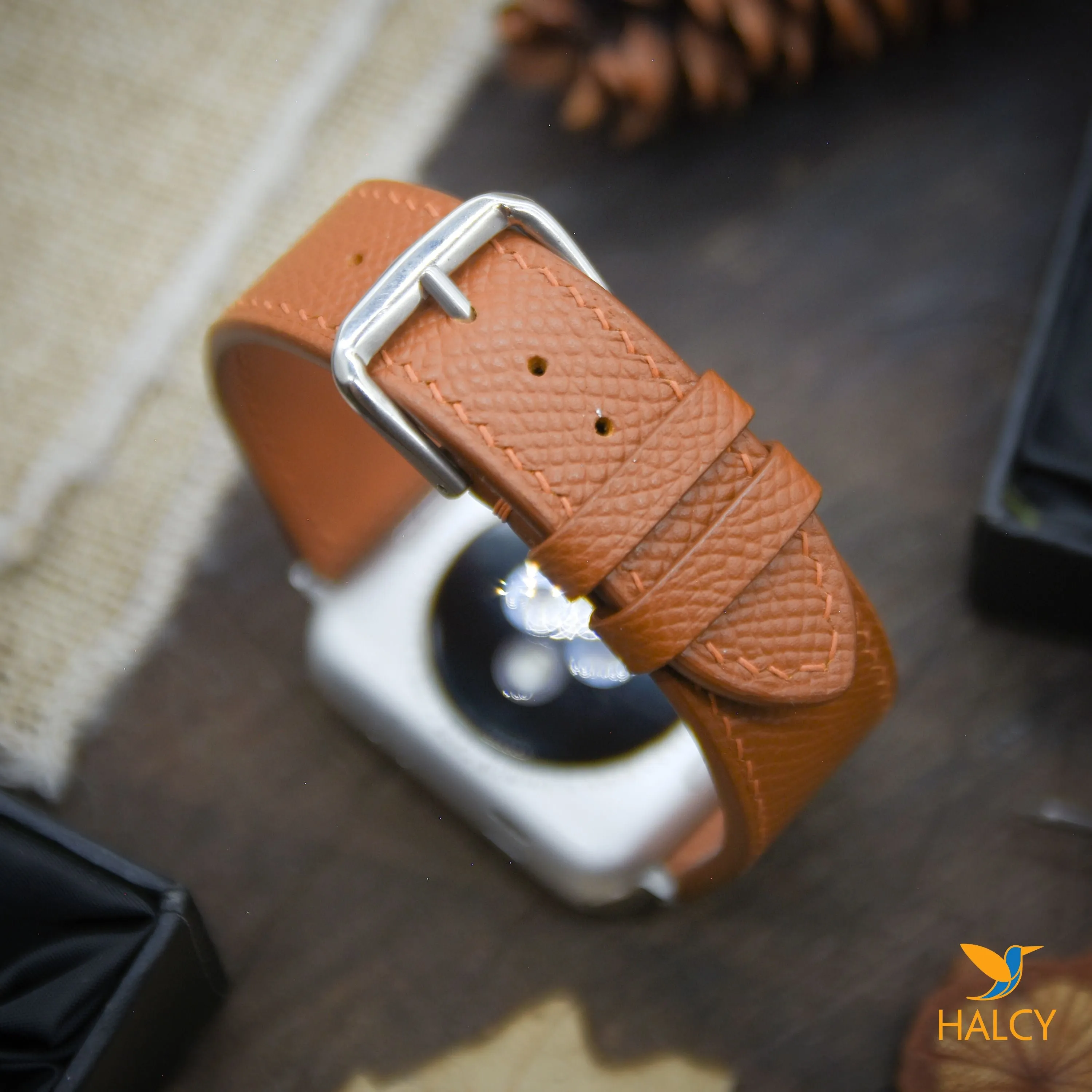 Handmade  Epsom Calf Leather Watch Band Fit for Apple watch Series 8, 7, 6, 5, 4, 3 : Choice of adapters and buckle color