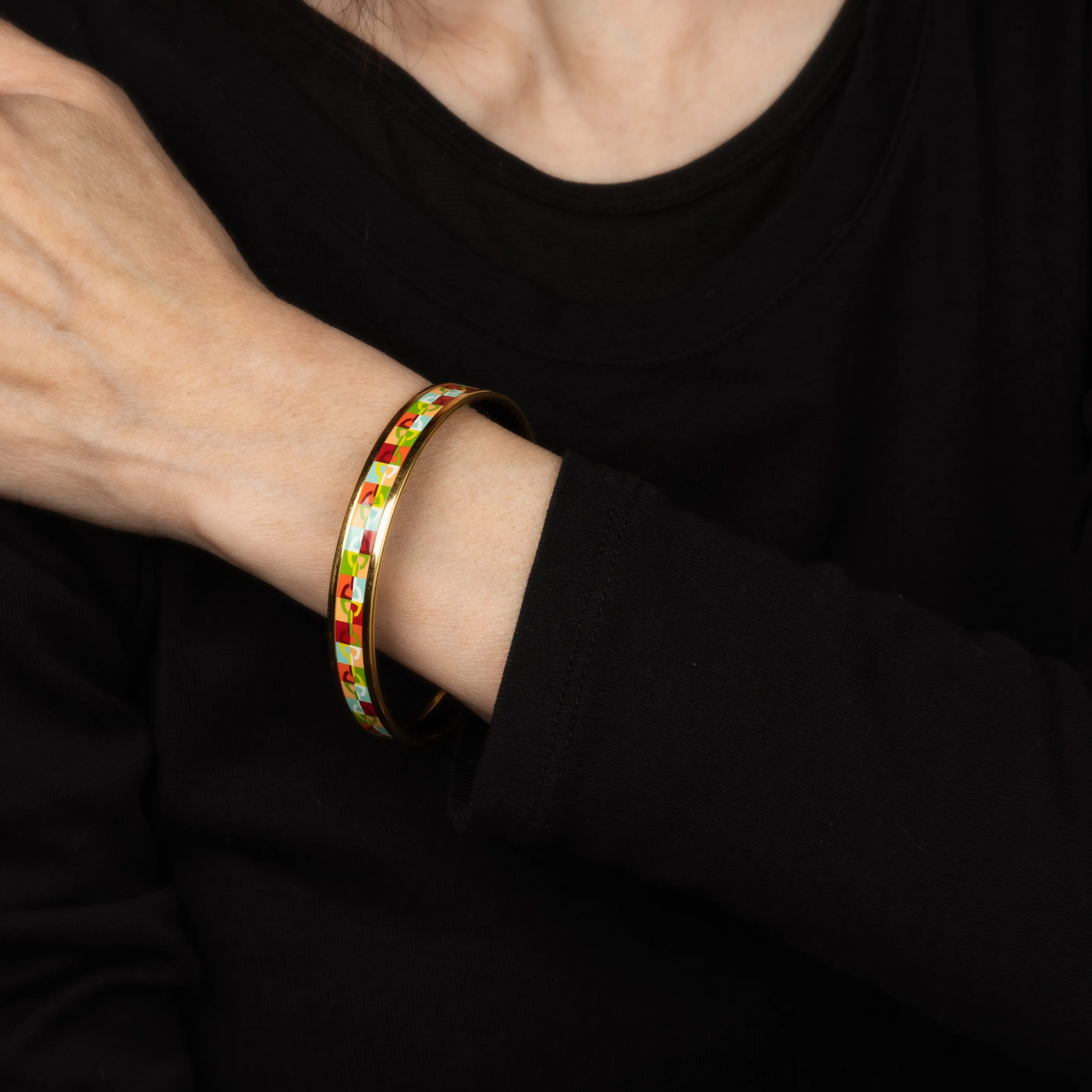 Hermes Enamel Bangle Bracelet Multi Color Link Motif Narrow 65 Size Small