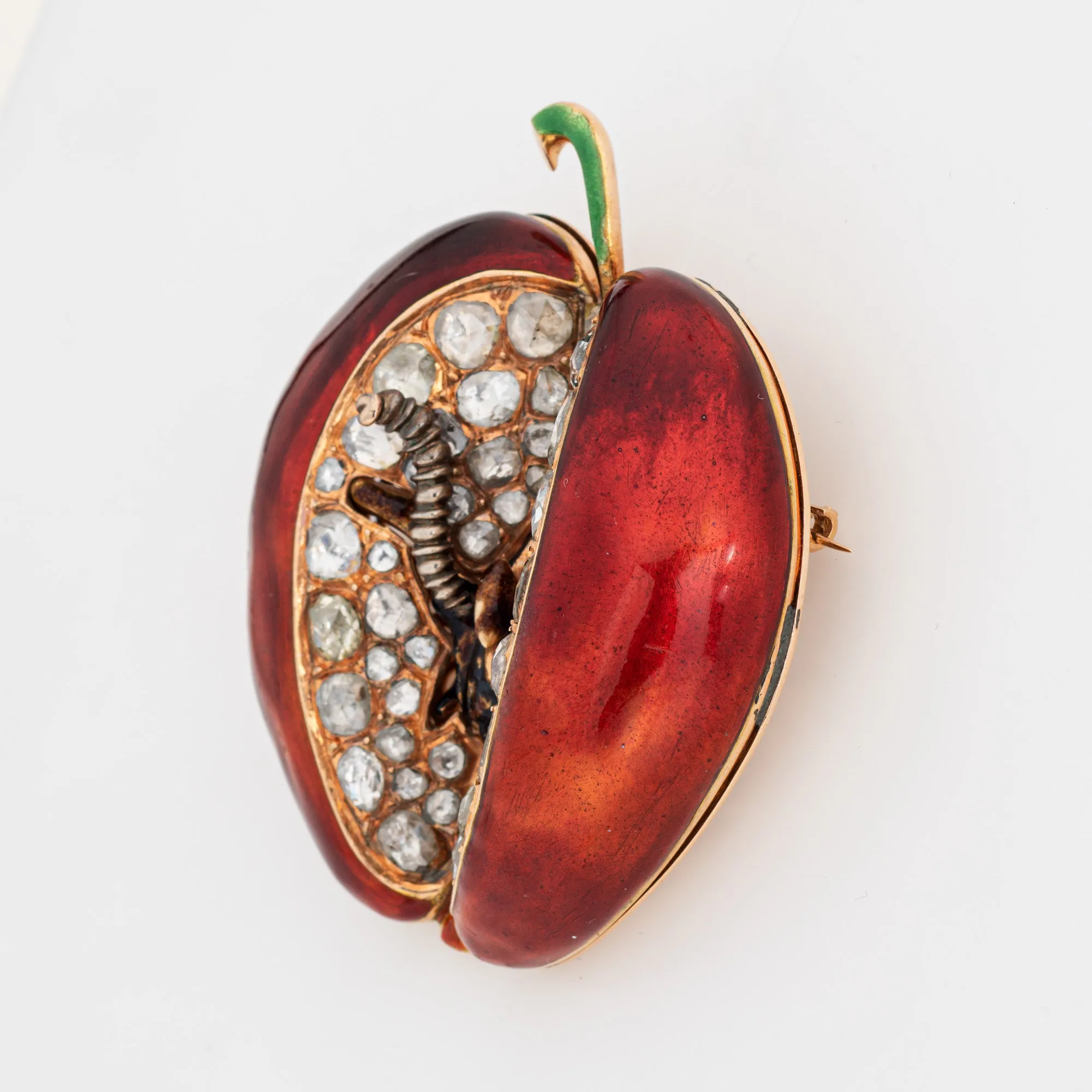 Huge 7ct Diamond Apple Pendant Worm Vintage 14k Yellow Gold Red Enamel Jewelry