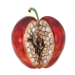 Huge 7ct Diamond Apple Pendant Worm Vintage 14k Yellow Gold Red Enamel Jewelry