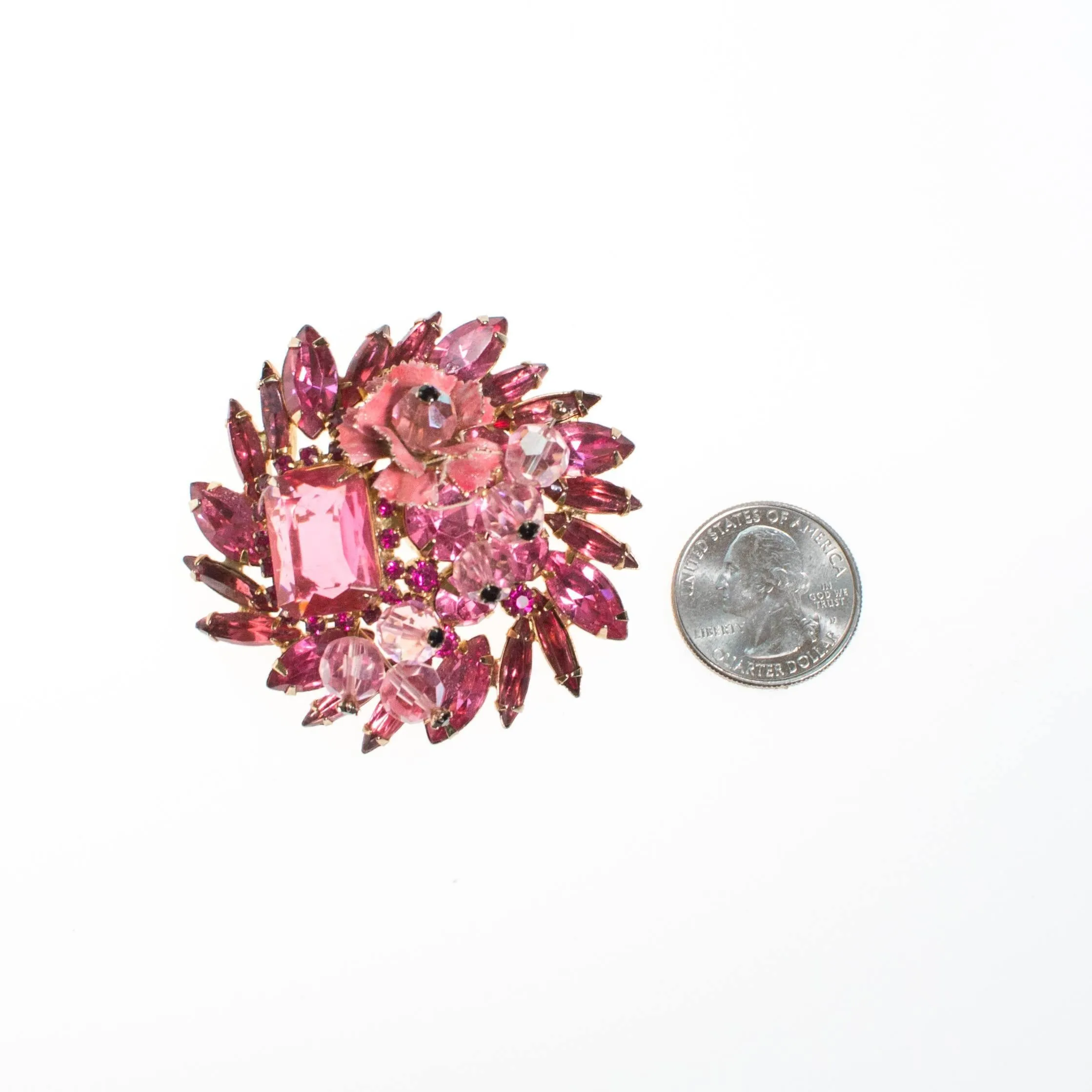 Juliana Pink Rhinestone Brooch with Enamel Flower Accent