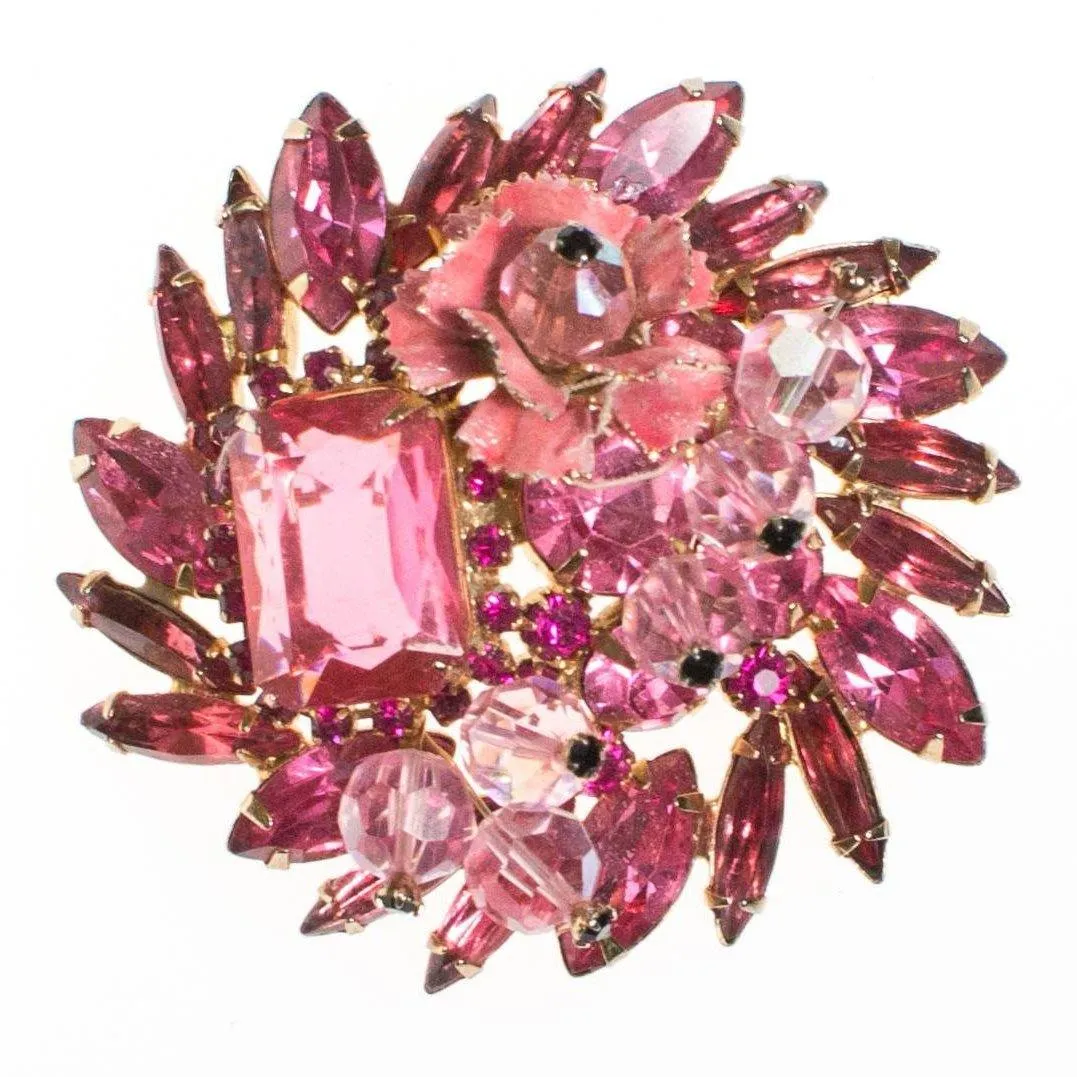 Juliana Pink Rhinestone Brooch with Enamel Flower Accent