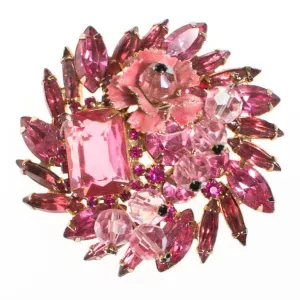 Juliana Pink Rhinestone Brooch with Enamel Flower Accent