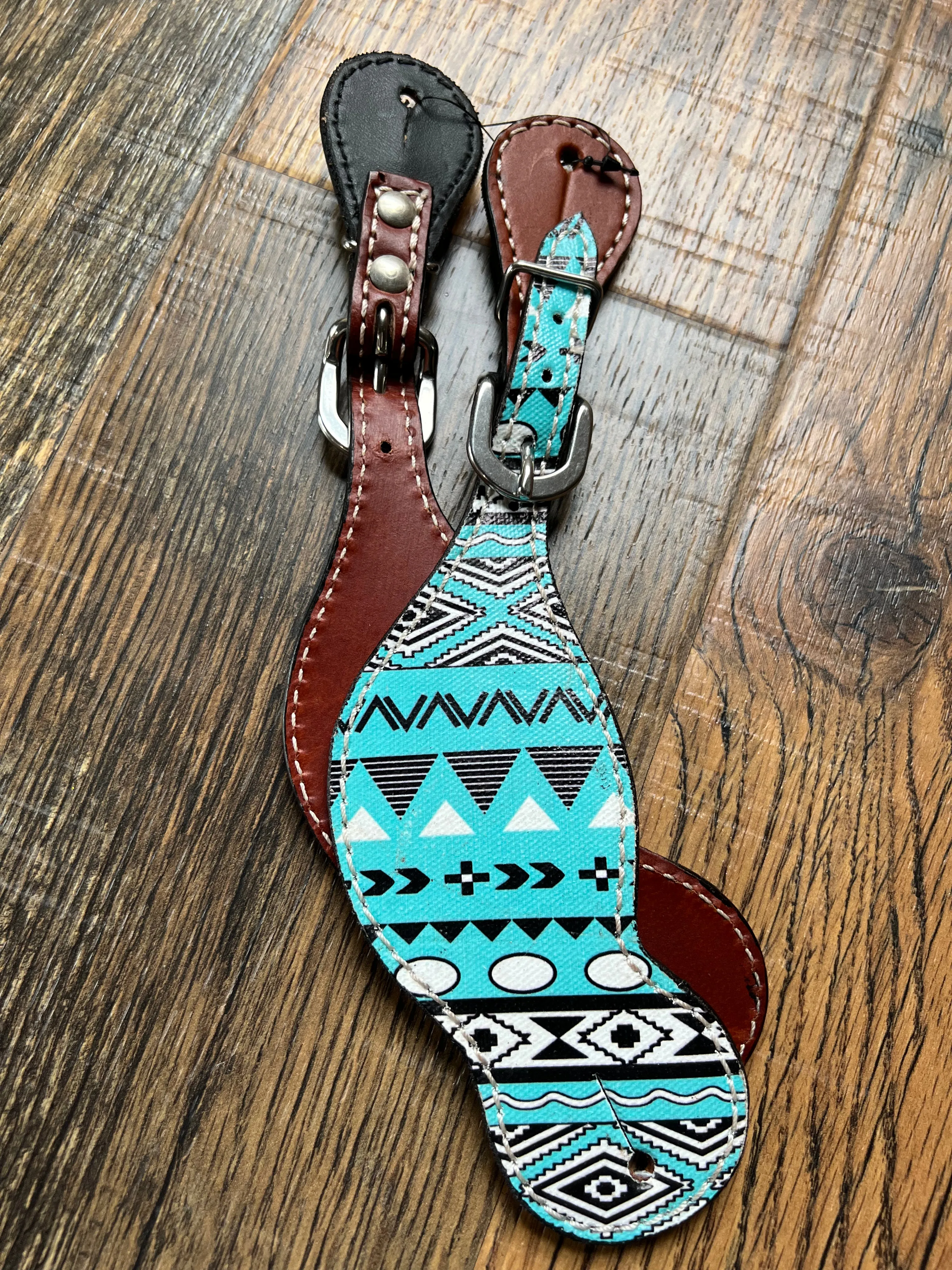 Ladies Teal/blue/Black/White Aztec Leather spur straps