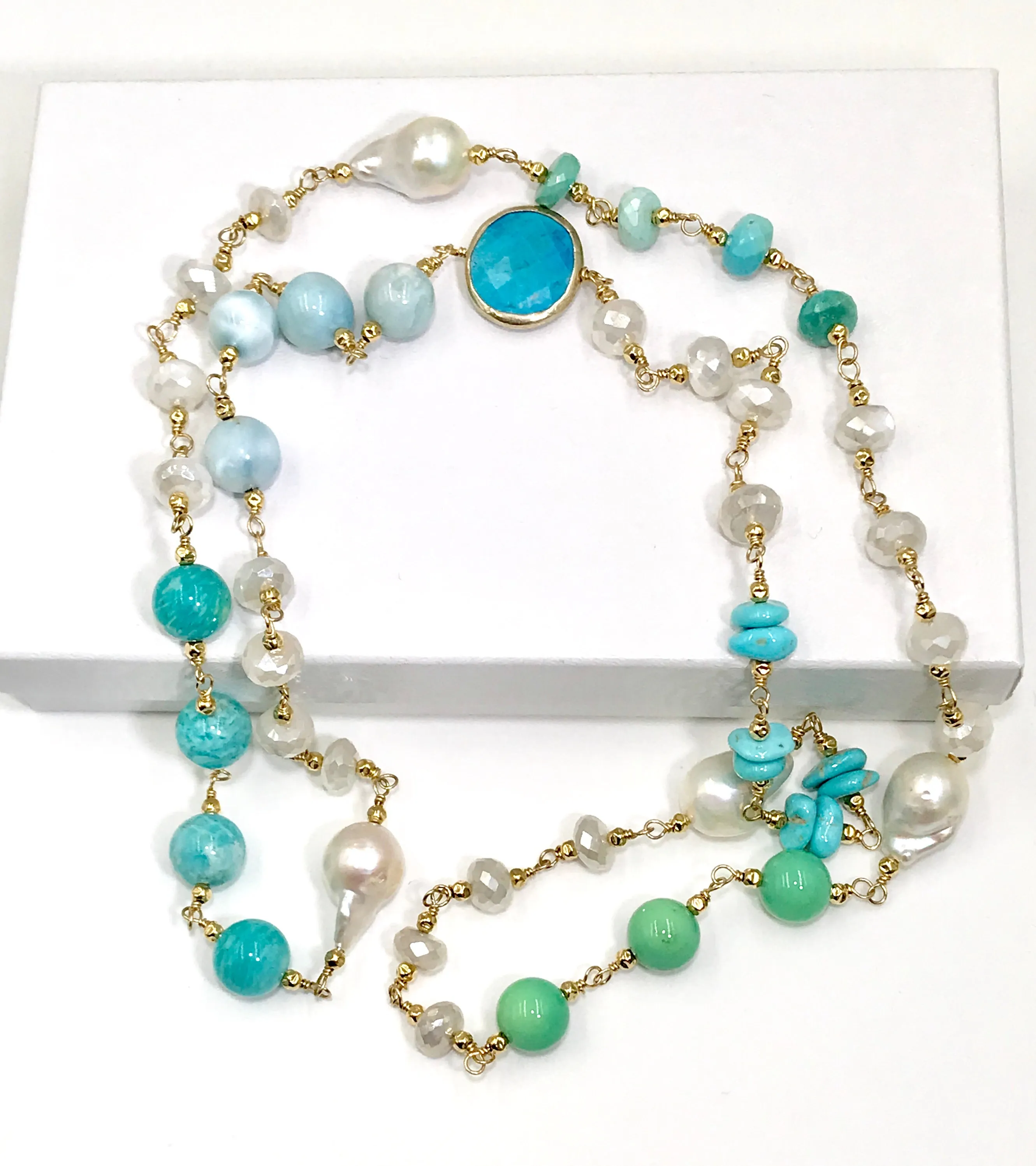 Long Multi Gemstone Pearl Necklace Larimar Sleeping Beauty Turquoise Gold Fill