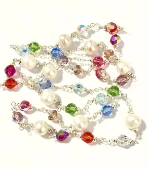Long Pearl Swarovski Crystal Sautoir Sterling Silver Necklace