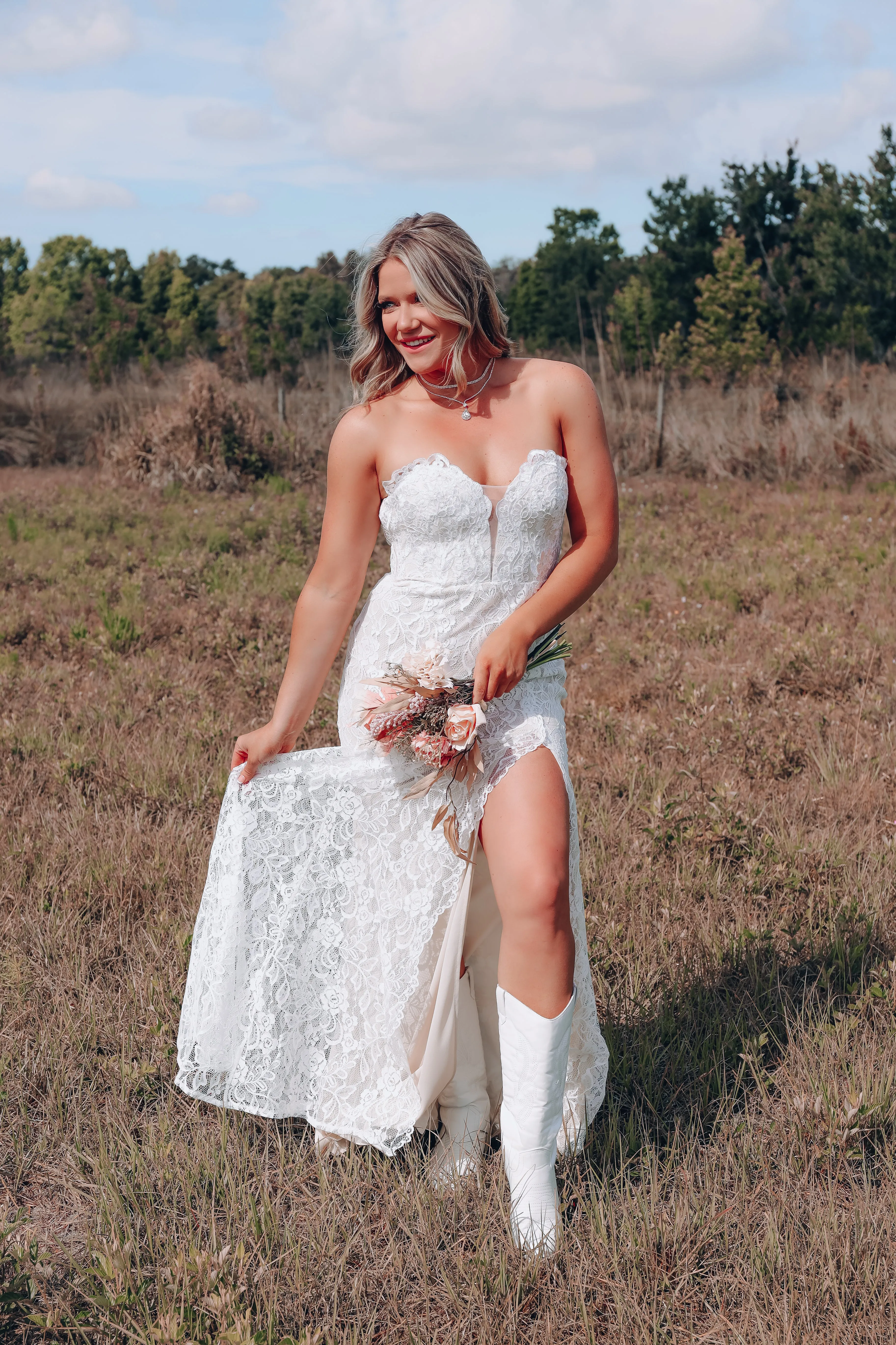 Lovely In Lace Strapless Maxi Dress - Ivory/Nude