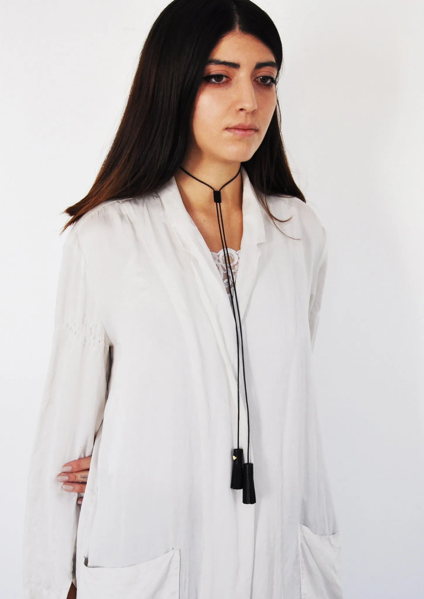 Metallic Mirror Leather Bolo Tassel Necklace