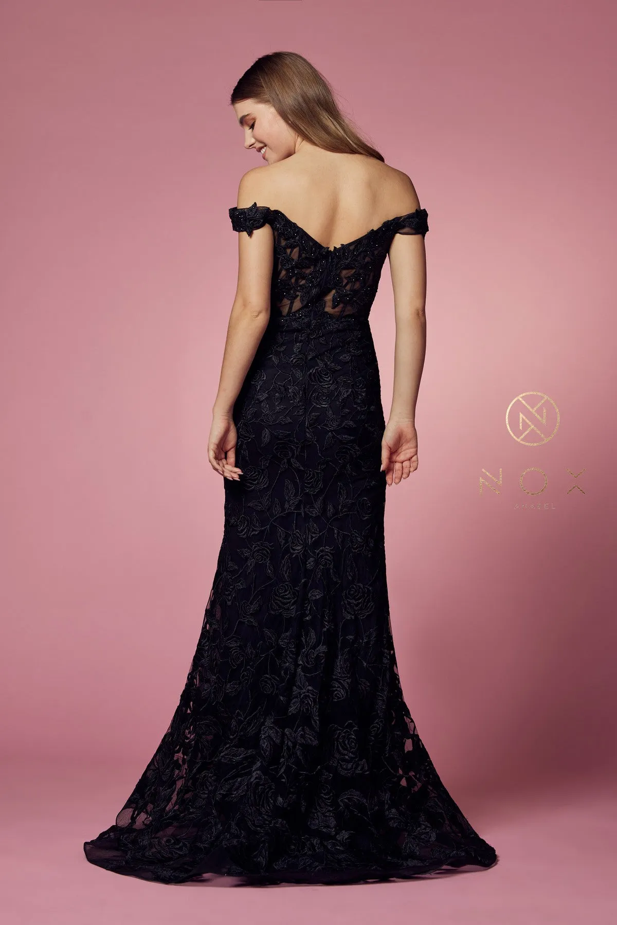 N C439 - Off The Shoulder Bead Embellished Lace Fit & Flare Prom Gown with Sheer Boned V-Neck Bodice & Train