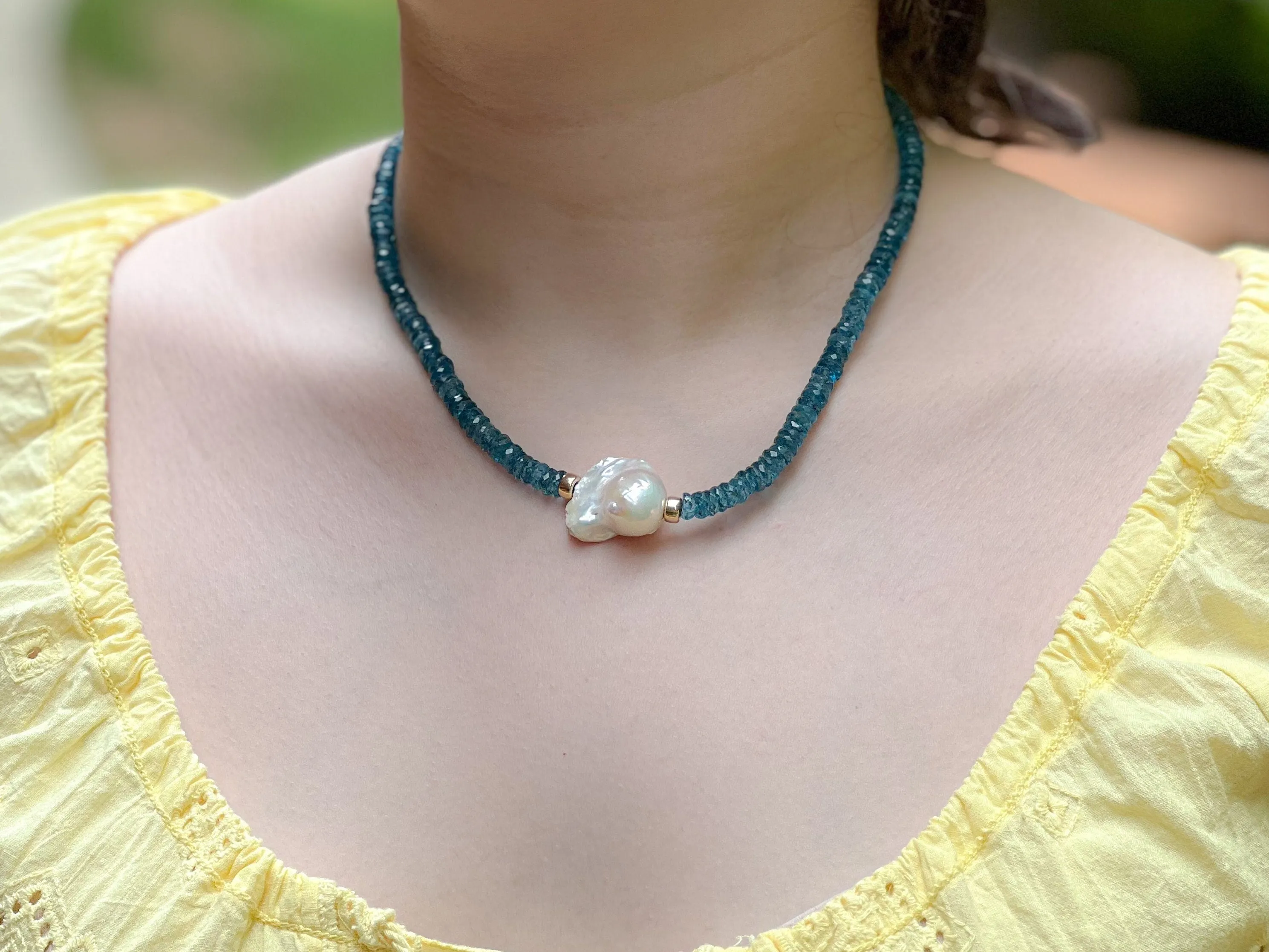 Neon Apatite Heishi Necklace with Baroque Pearl Accent