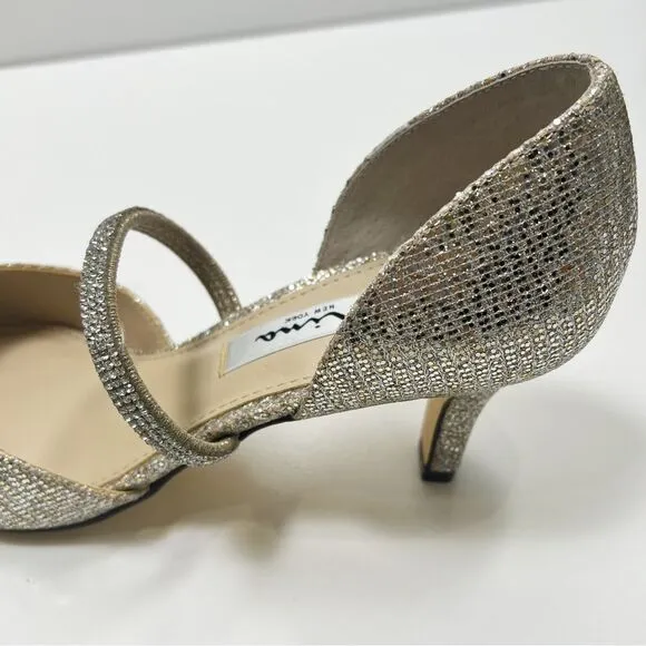 Nina Brystol Gold Champagne Glitter mid-heel D'orsay Dress Pump Heel New Size 7