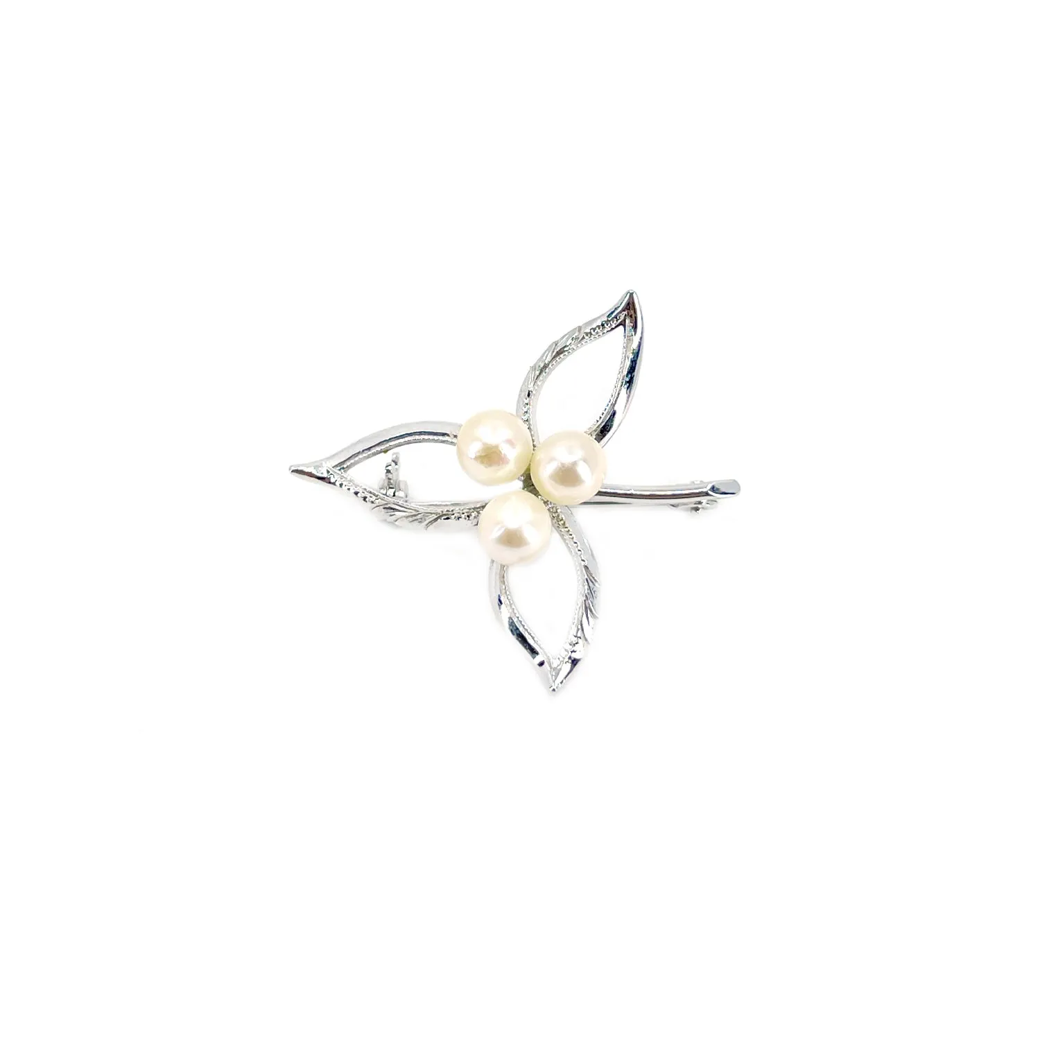 Nouveau Three Leaf Engraved Japanese Akoya Cultured Saltwater Pearl Brooch- Sterling Silver
