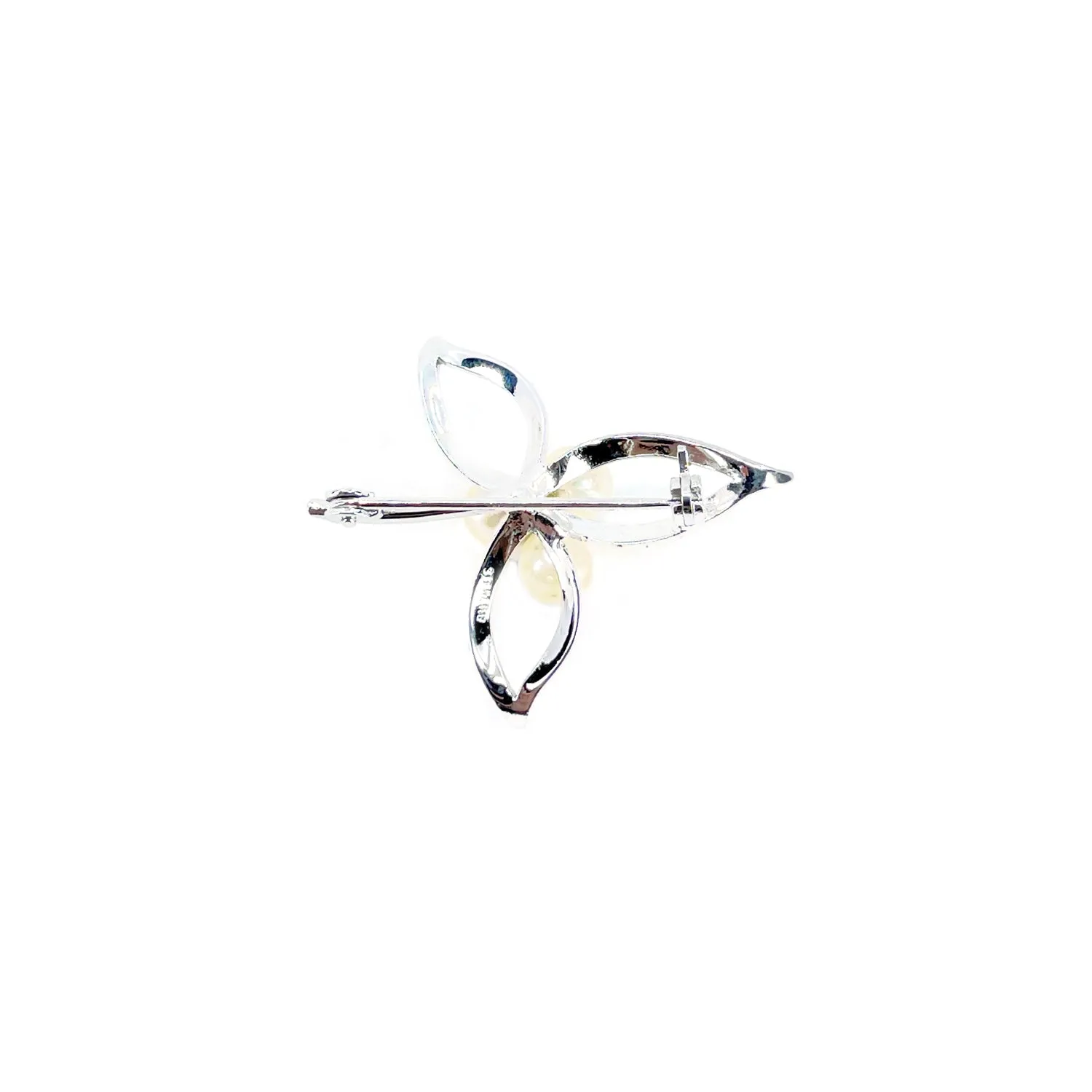 Nouveau Three Leaf Engraved Japanese Akoya Cultured Saltwater Pearl Brooch- Sterling Silver