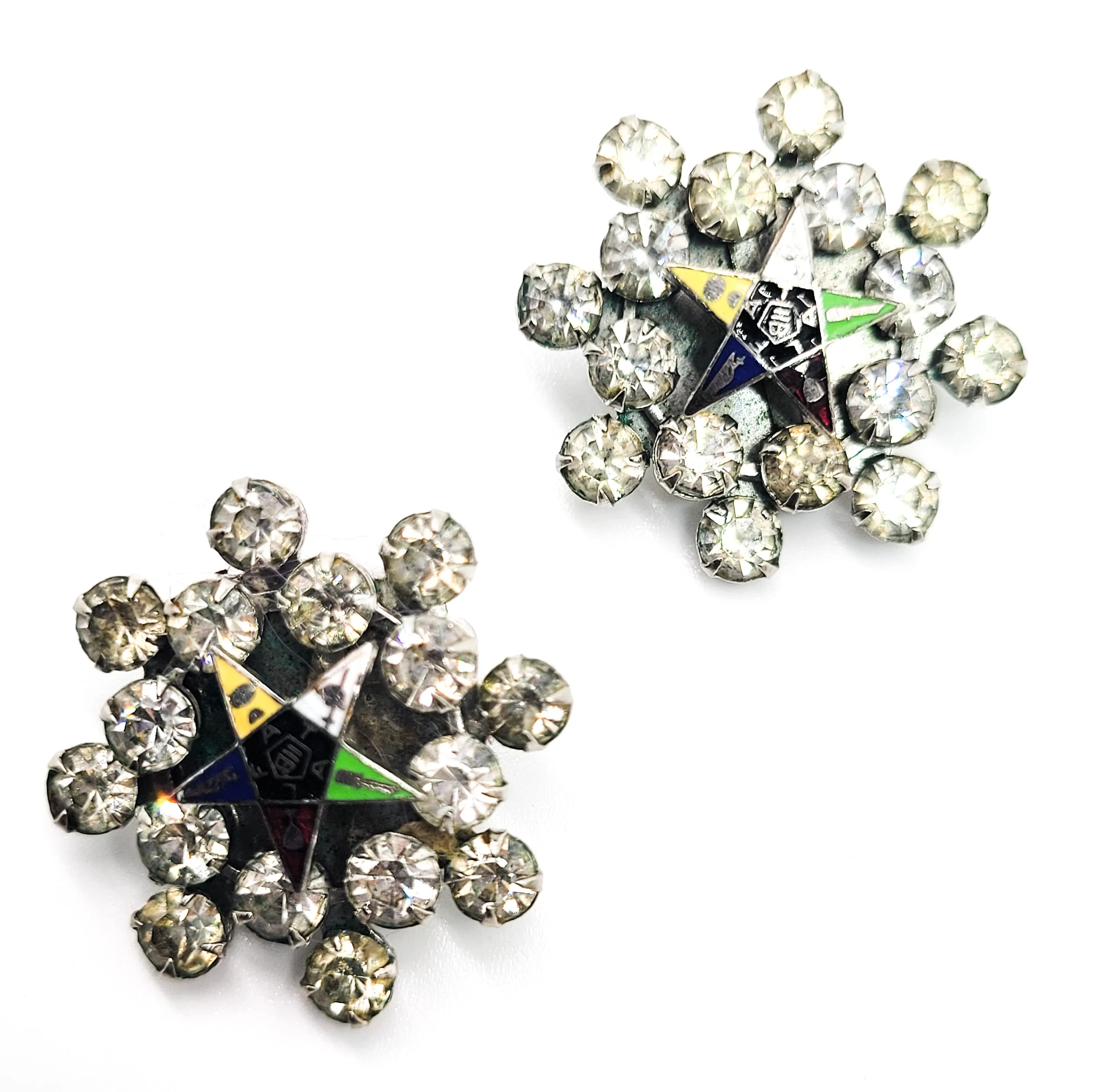 Order of the Eastern star enamel and clear rhinestone vintage clip on earrings