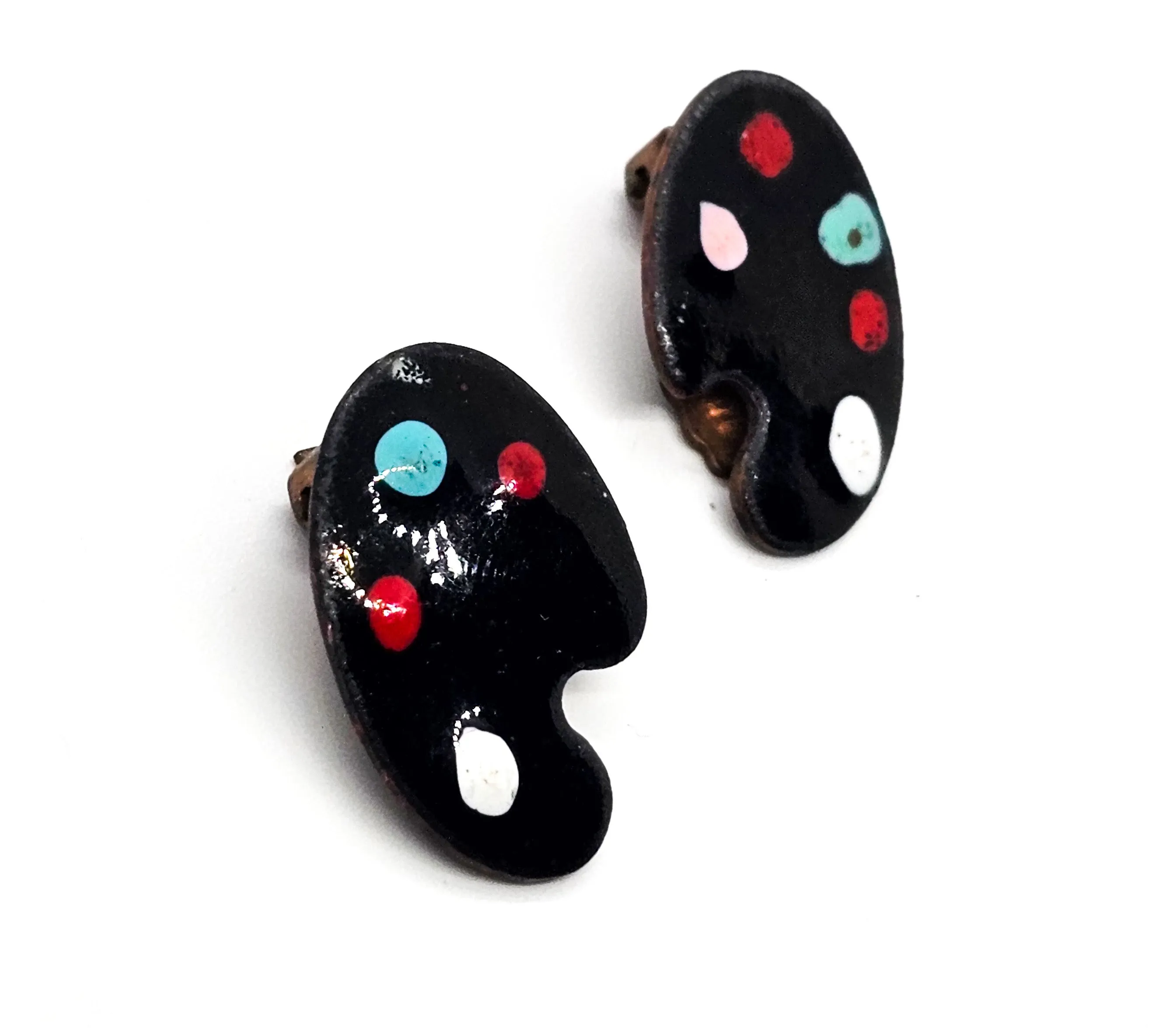 Painter's pallet black enamel painted copper vintage clip on earrings