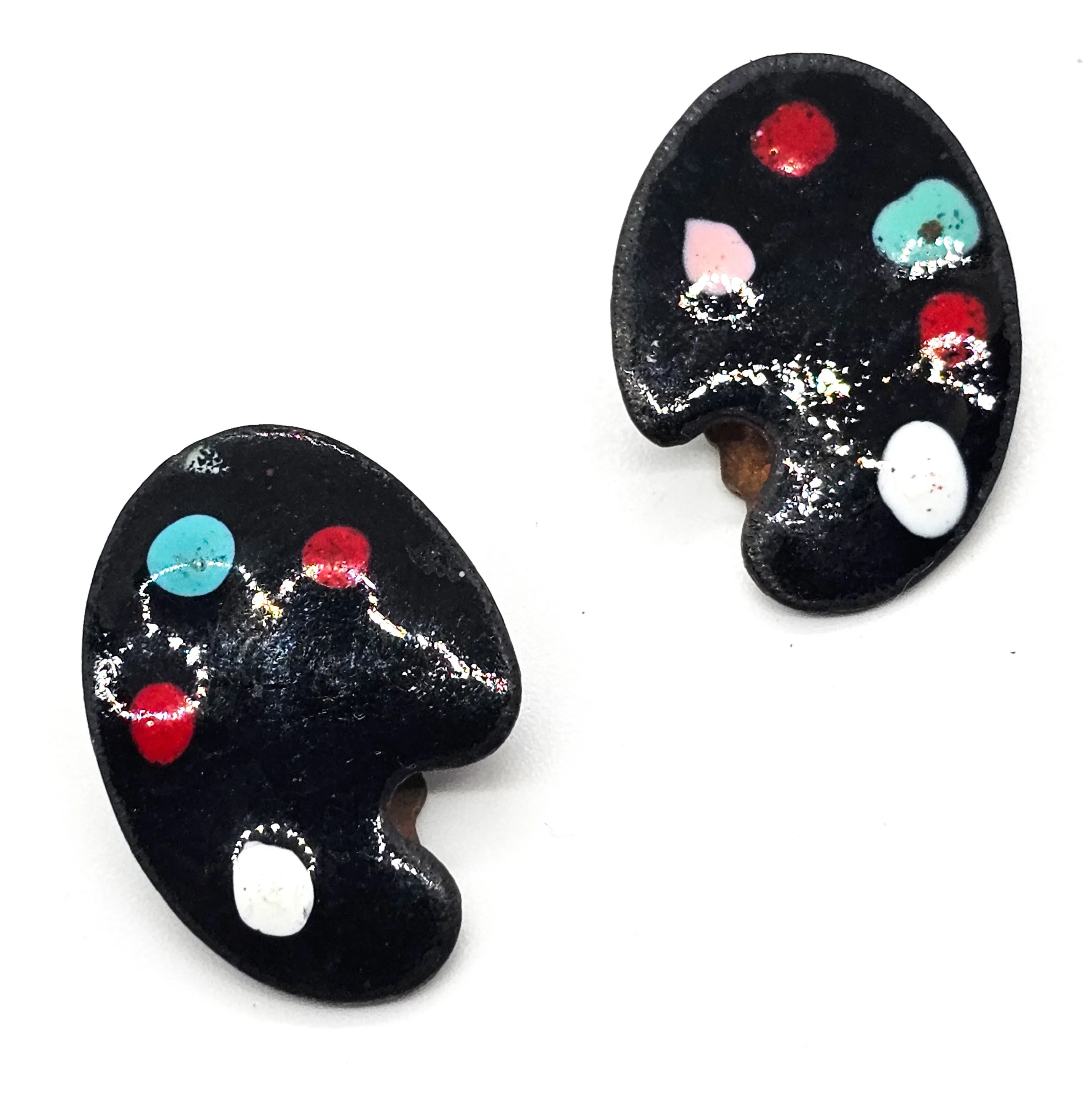 Painter's pallet black enamel painted copper vintage clip on earrings