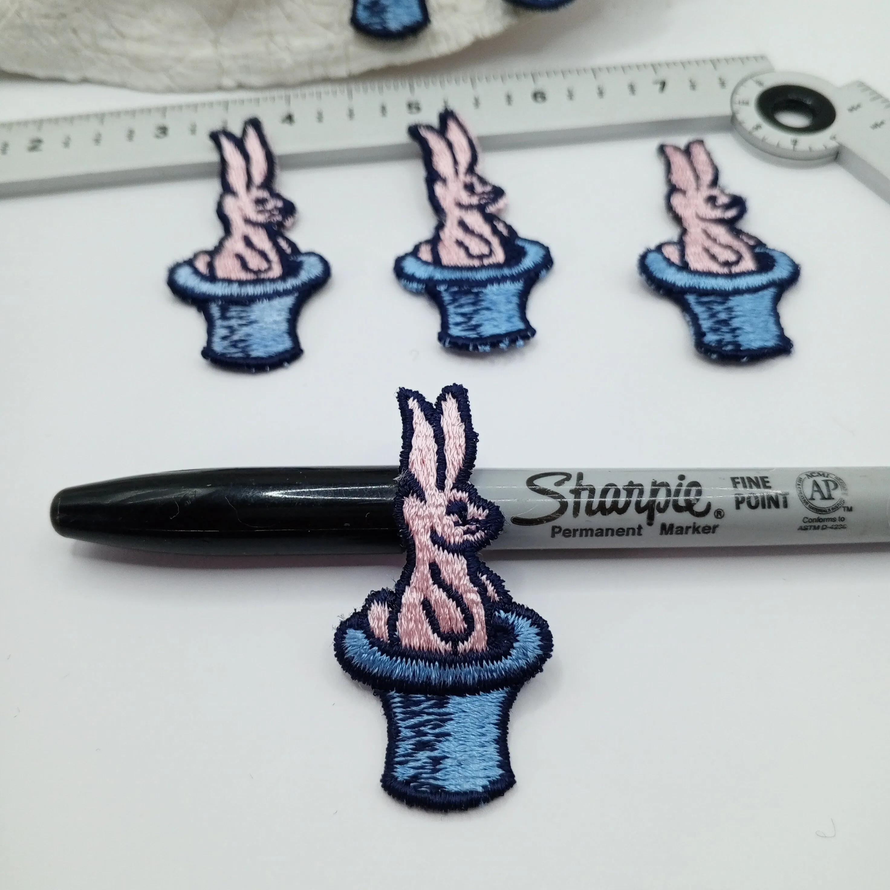 PINK BUNNY in Magic Blue Hat VINTAGE sew on Applique Decorative Patches pastel cartoon rabbit patches #451