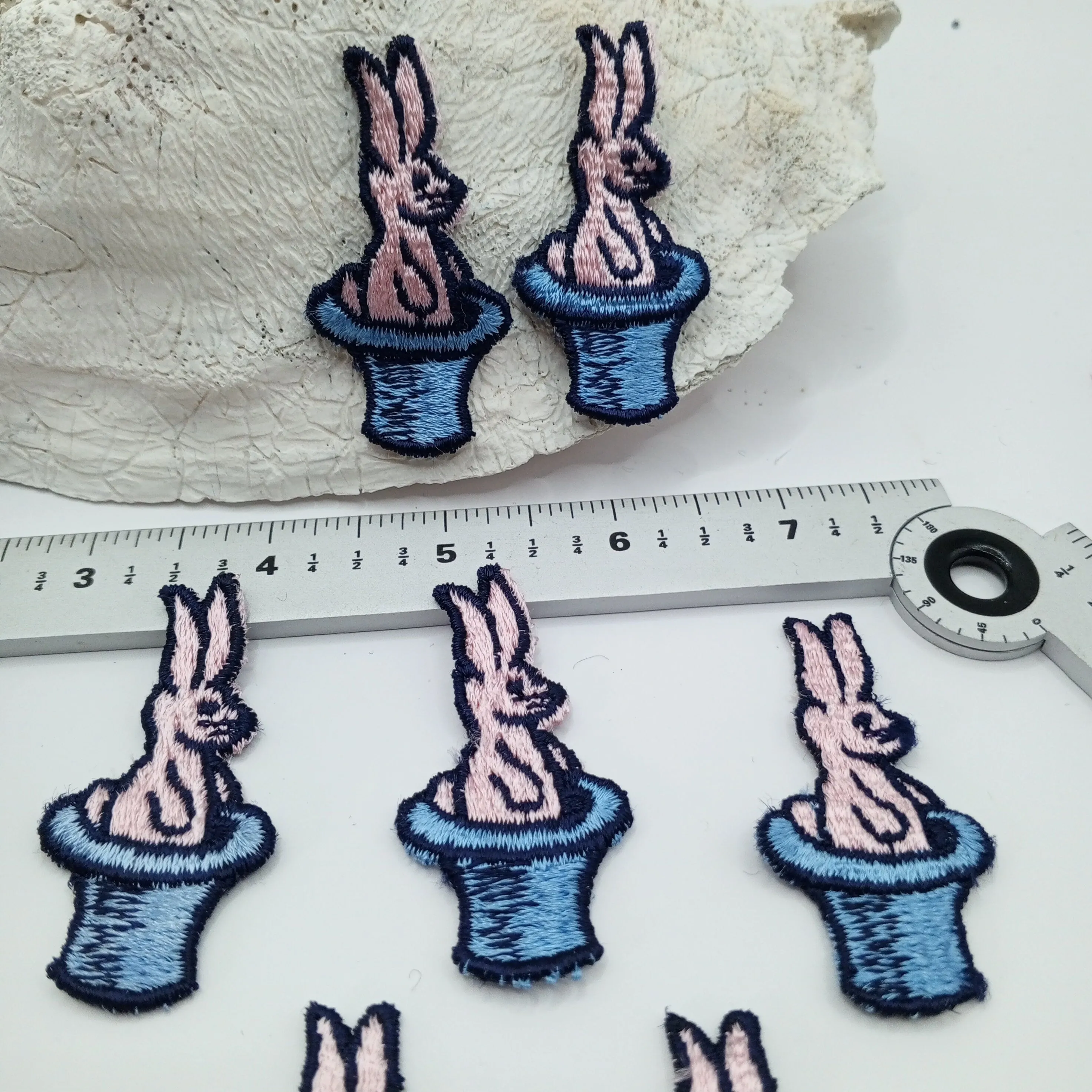 PINK BUNNY in Magic Blue Hat VINTAGE sew on Applique Decorative Patches pastel cartoon rabbit patches #451