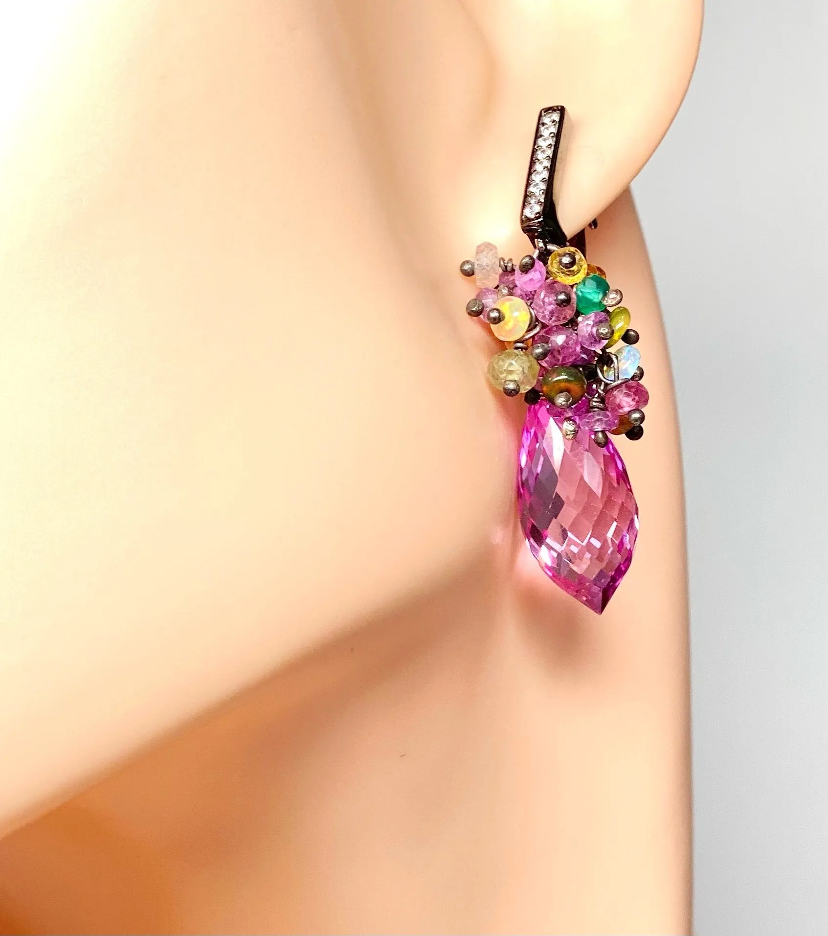 Pink Topaz and Opal Sapphire Cluster Earrings in Oxidized Silver