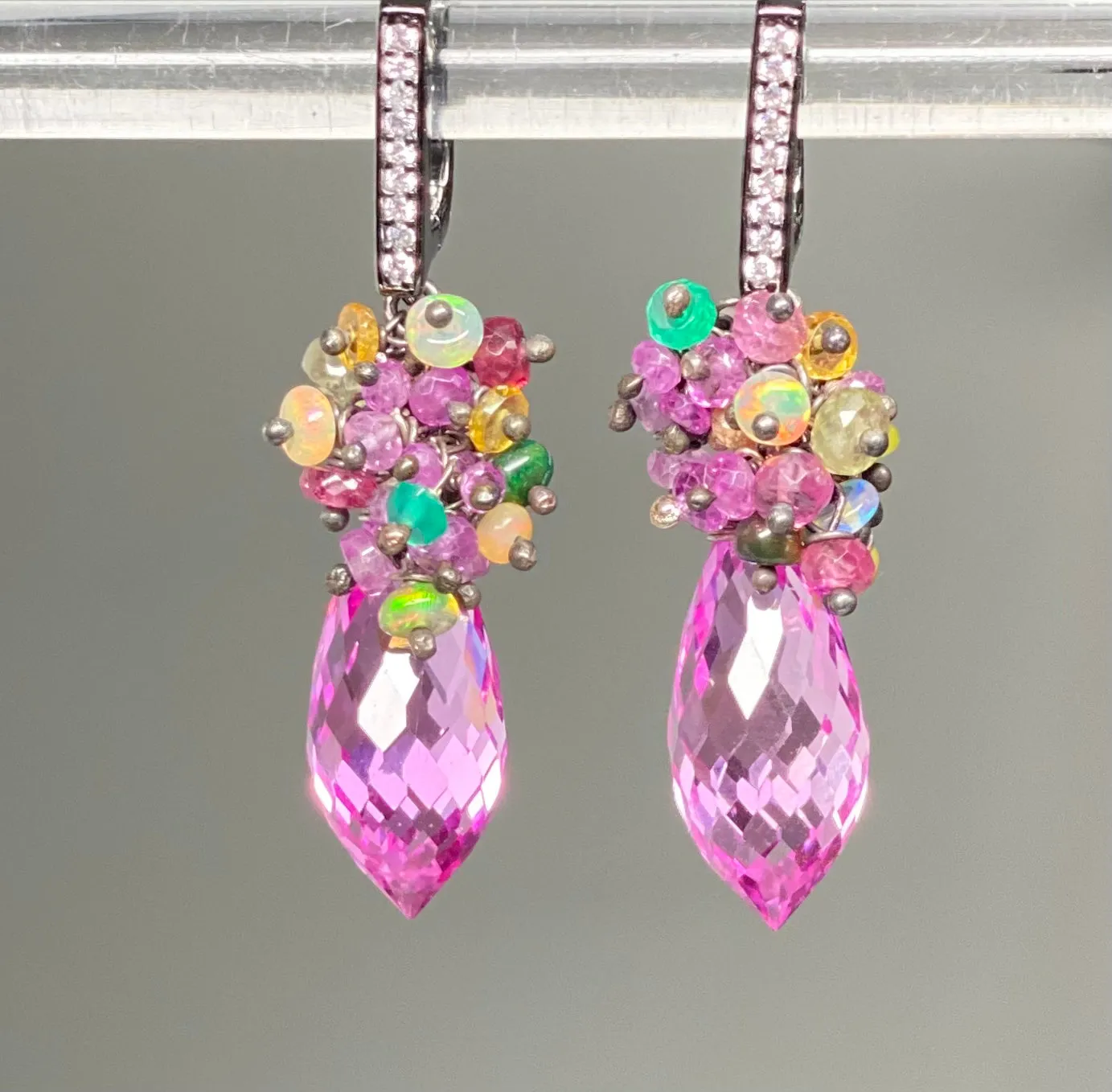 Pink Topaz and Opal Sapphire Cluster Earrings in Oxidized Silver