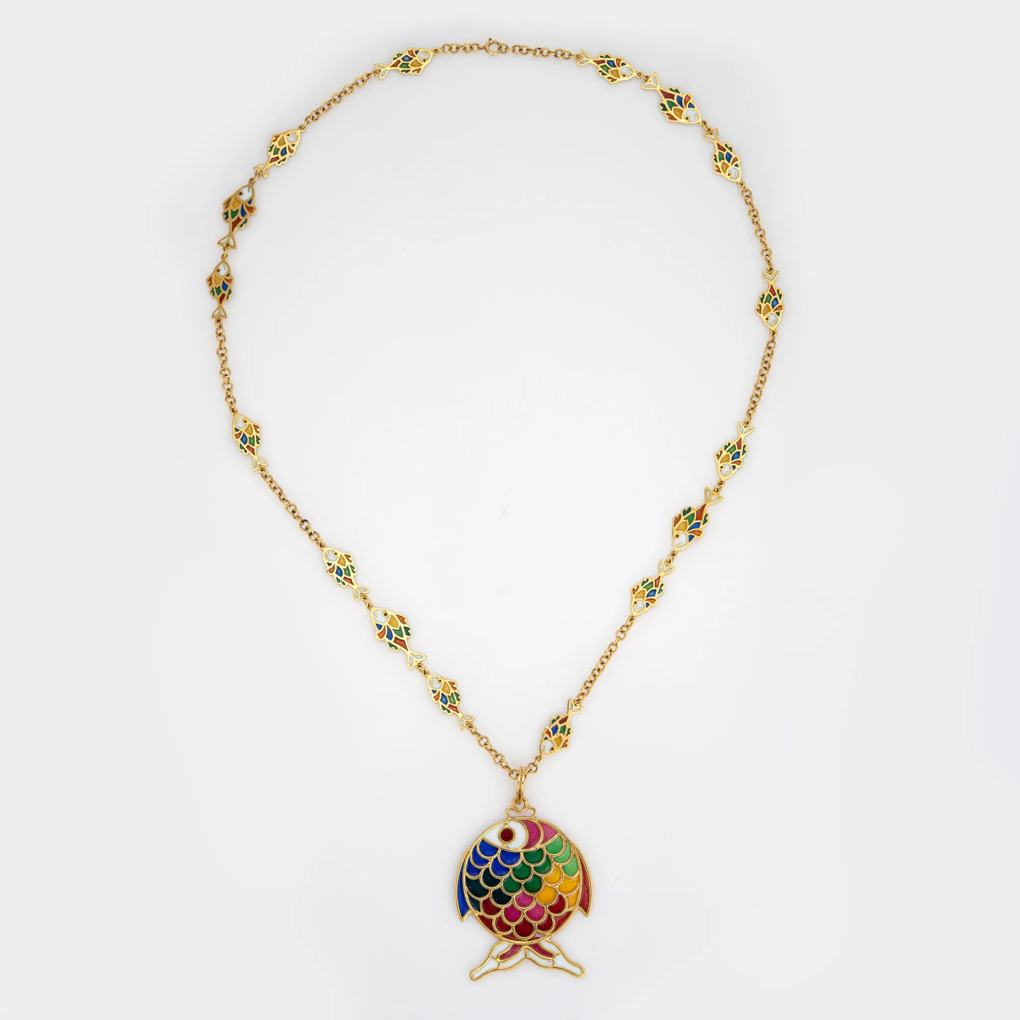 Plique a Jour Fish Necklace Vintage 18k Yellow Gold 26" Chain Estate Jewelry