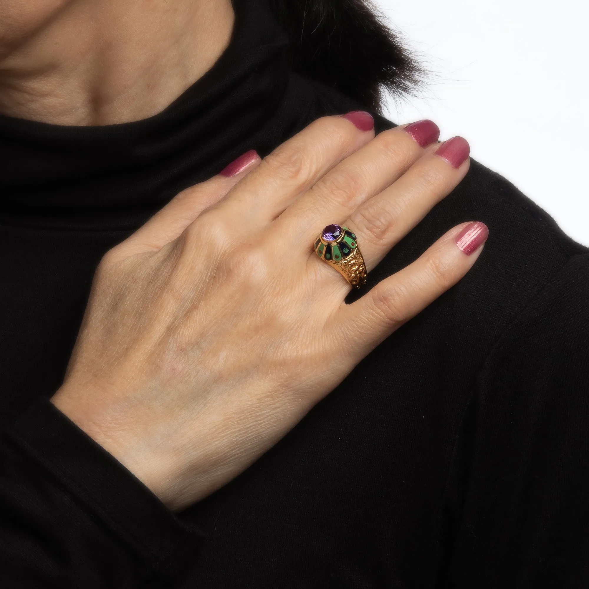 Portuguese Amethyst Enamel Ring Vintage 19k Yellow Gold Mid Century Jewelry