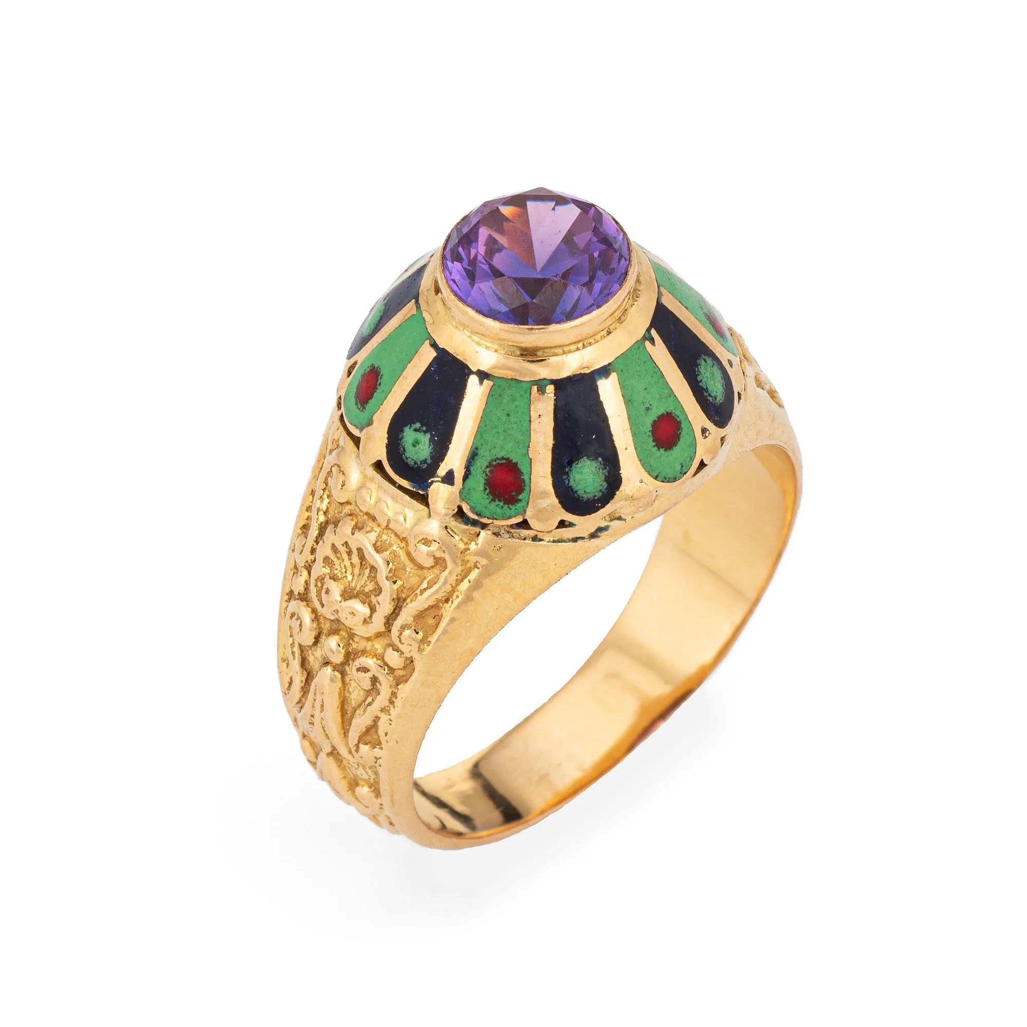 Portuguese Amethyst Enamel Ring Vintage 19k Yellow Gold Mid Century Jewelry