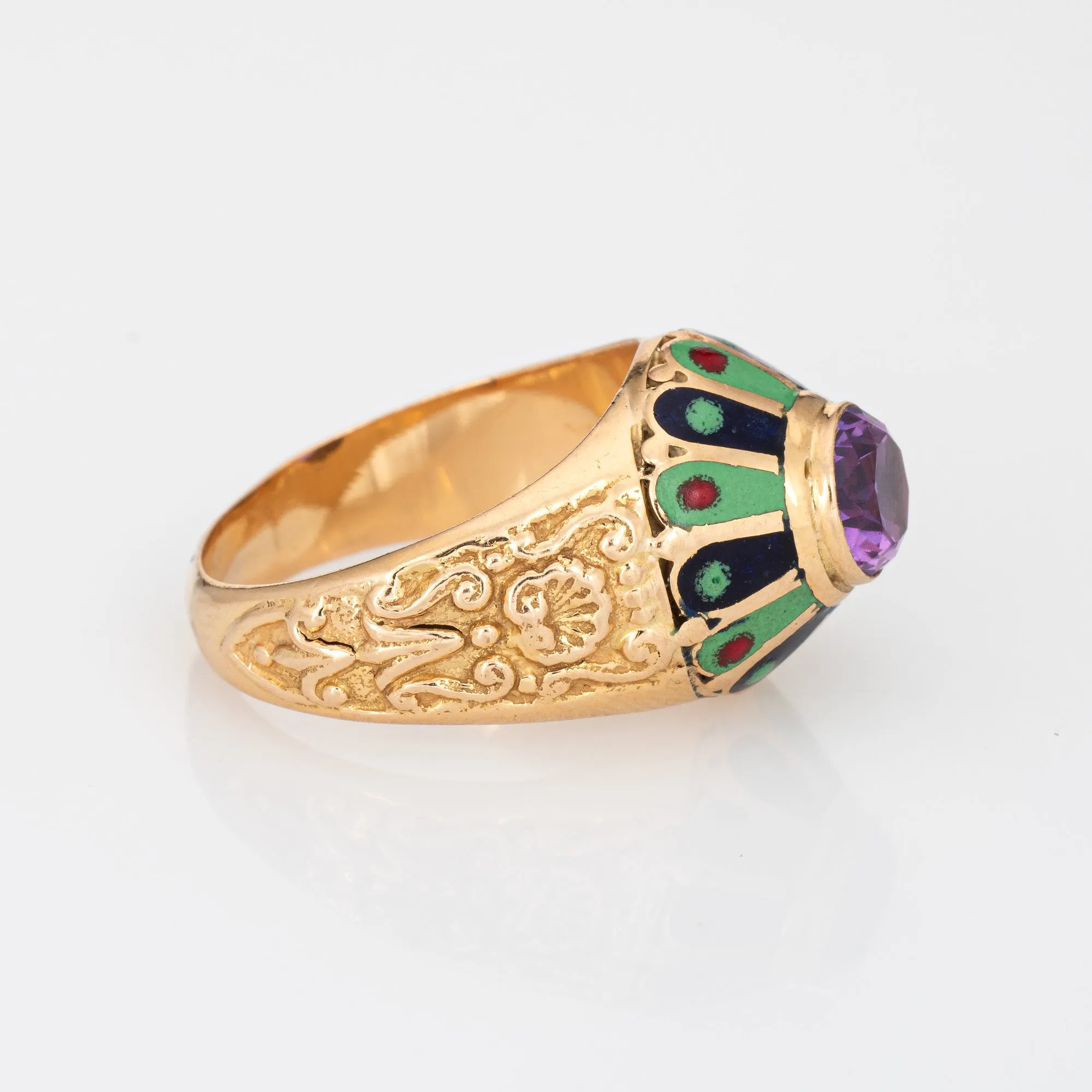 Portuguese Amethyst Enamel Ring Vintage 19k Yellow Gold Mid Century Jewelry