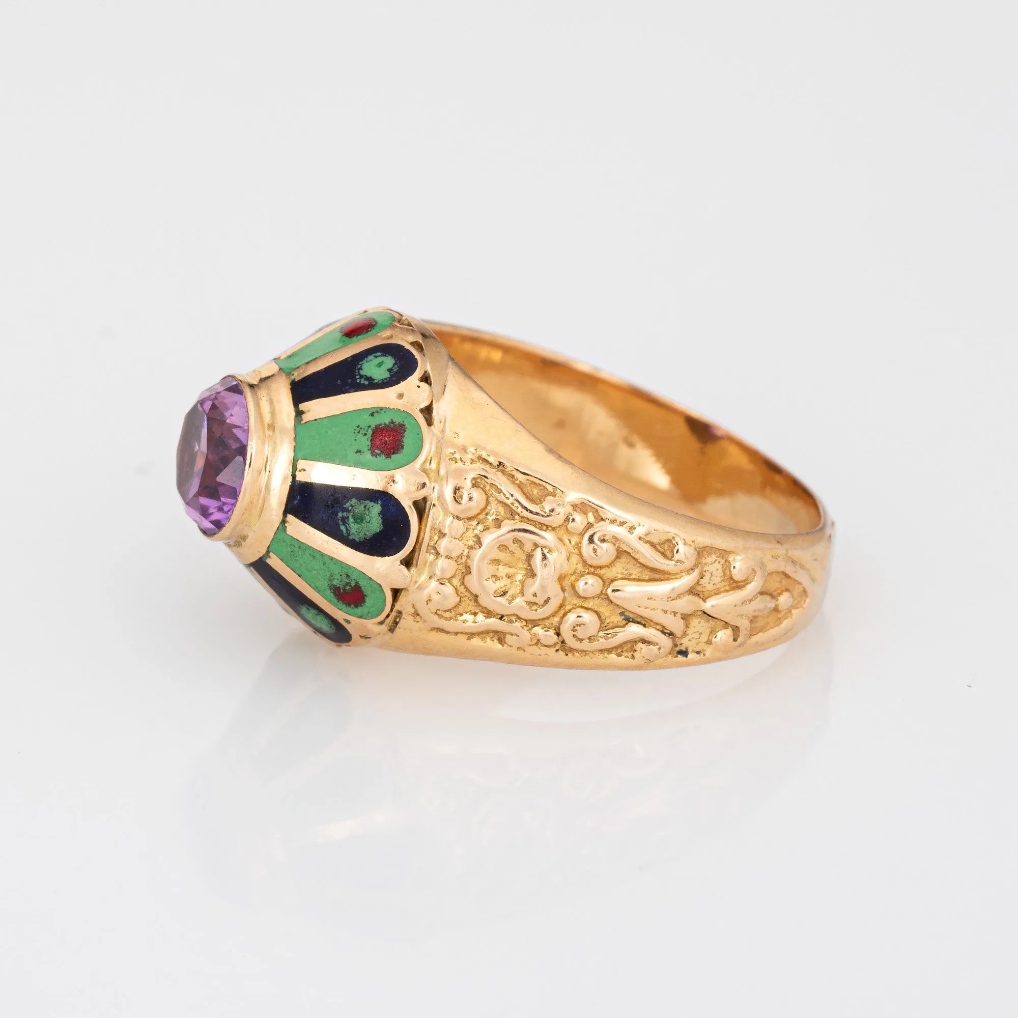 Portuguese Amethyst Enamel Ring Vintage 19k Yellow Gold Mid Century Jewelry