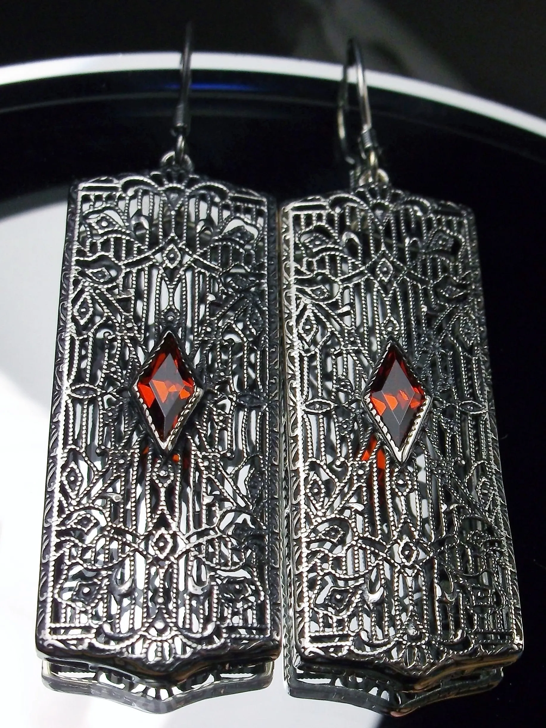 Ruby Earrings Sterling Silver Art Deco 1920's Revival Jewelry #E64