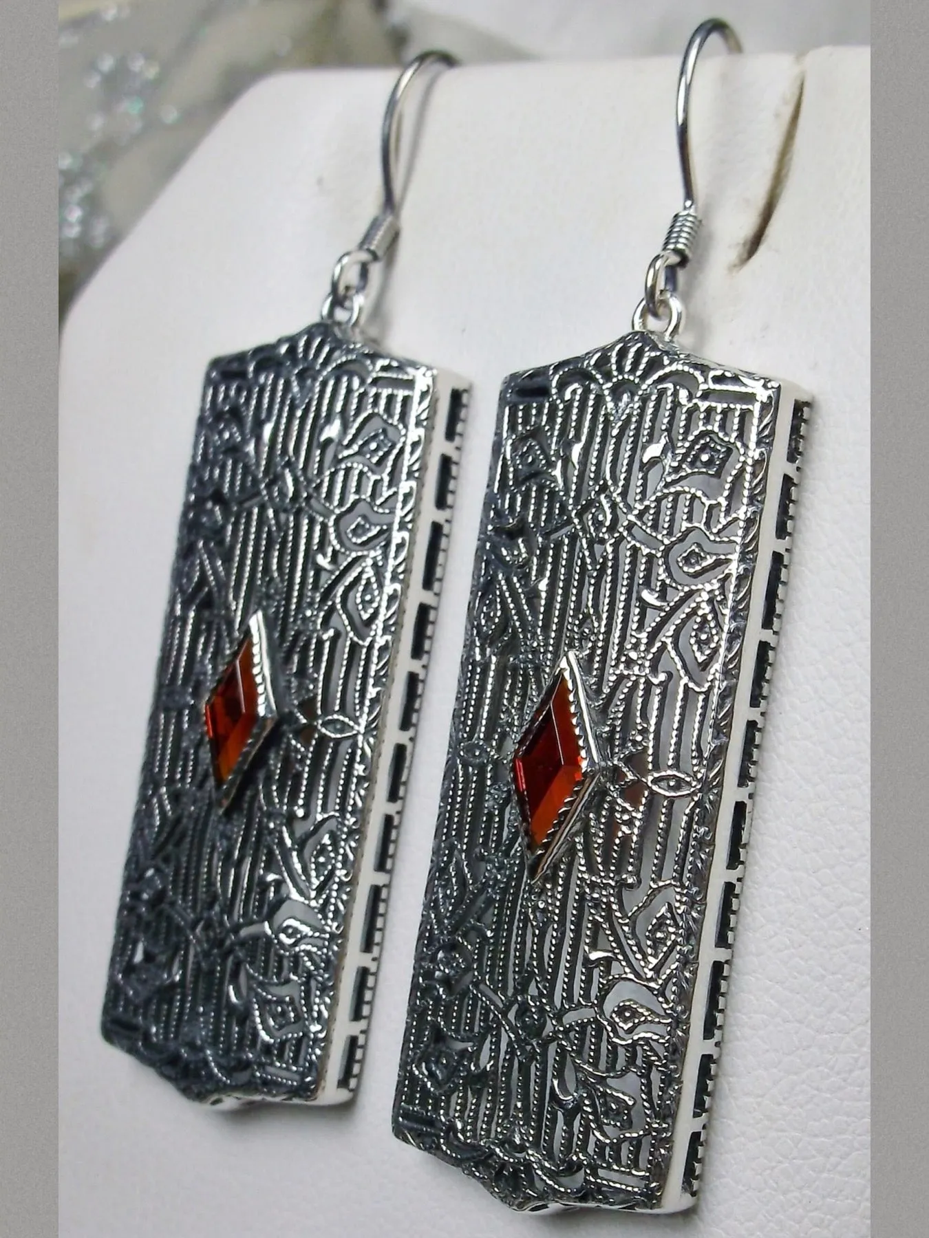 Ruby Earrings Sterling Silver Art Deco 1920's Revival Jewelry #E64